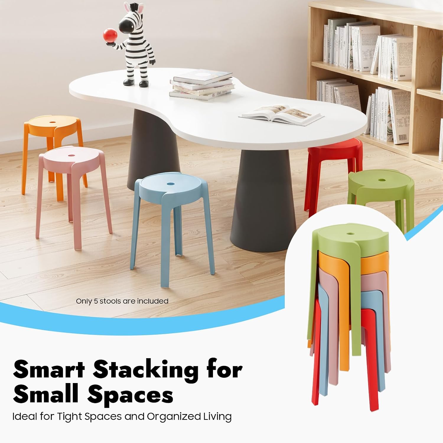 Colorful Stackable Plastic Stools 5 Pack Household Chairs