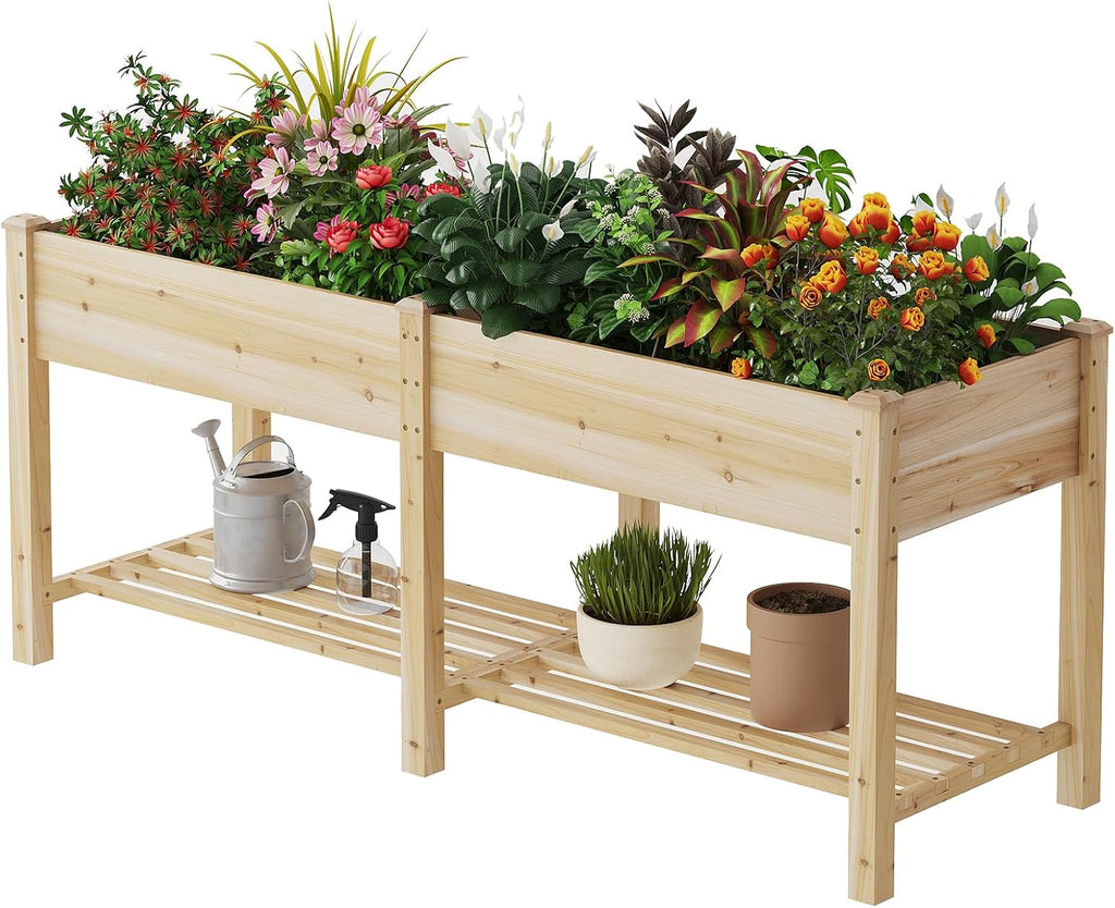 Natural Wood Elevated Garden Bed With Shelf