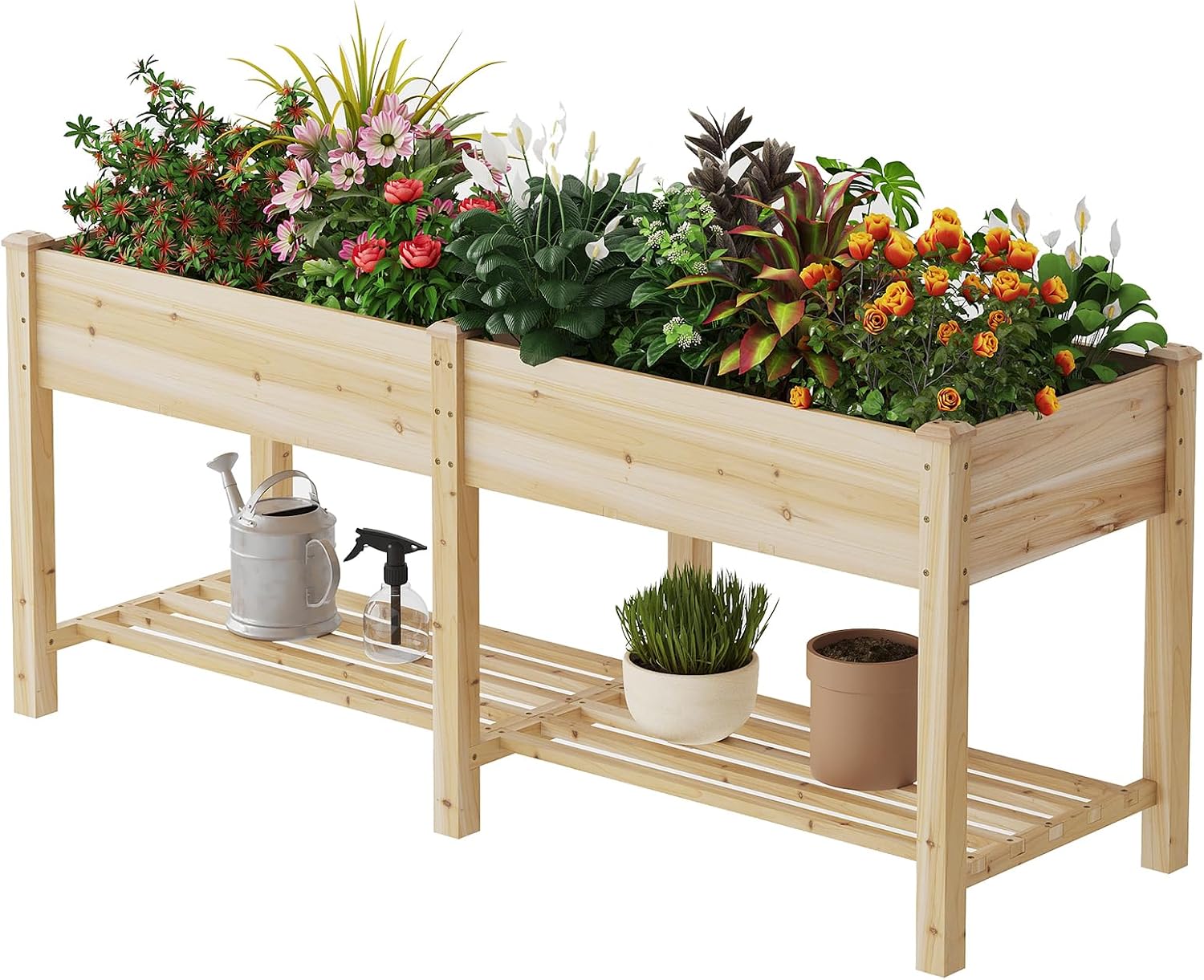 Natural Wood Elevated Garden Bed With Shelf
