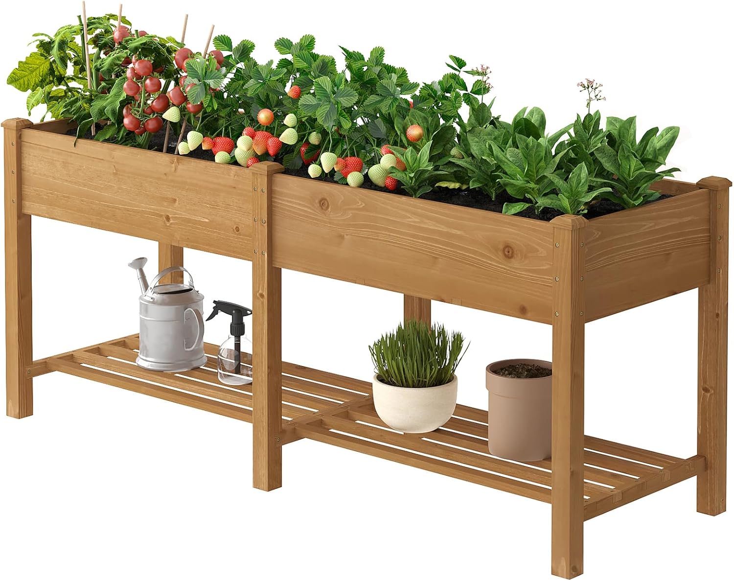 Brown Wood Elevated Garden Bed With Shelf