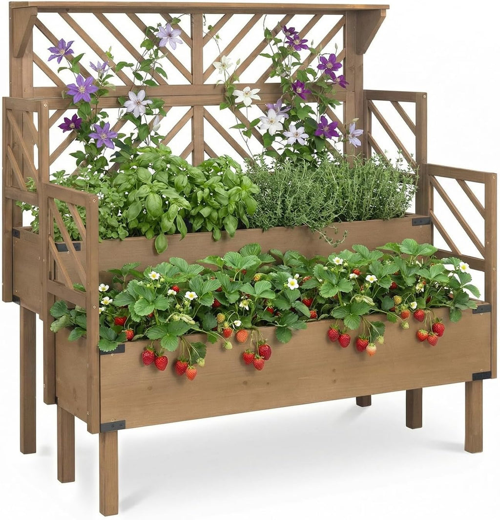 2-Tier Wood Elevated Planter With Trellis