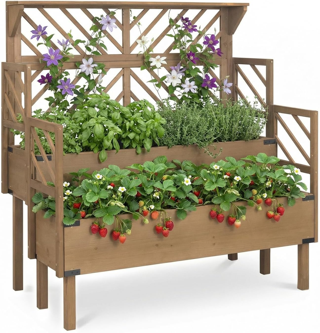 2-Tier Wood Elevated Planter With Trellis