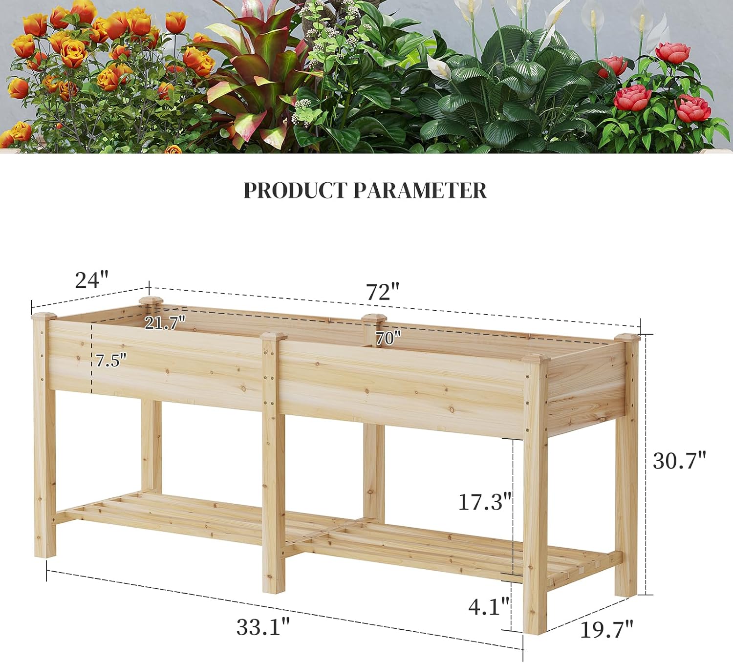 Natural Wood Elevated Garden Bed With Shelf