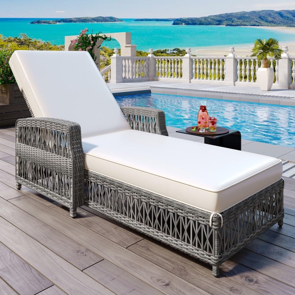 Beige Grey Wicker Adjustable Patio Chaise Lounge