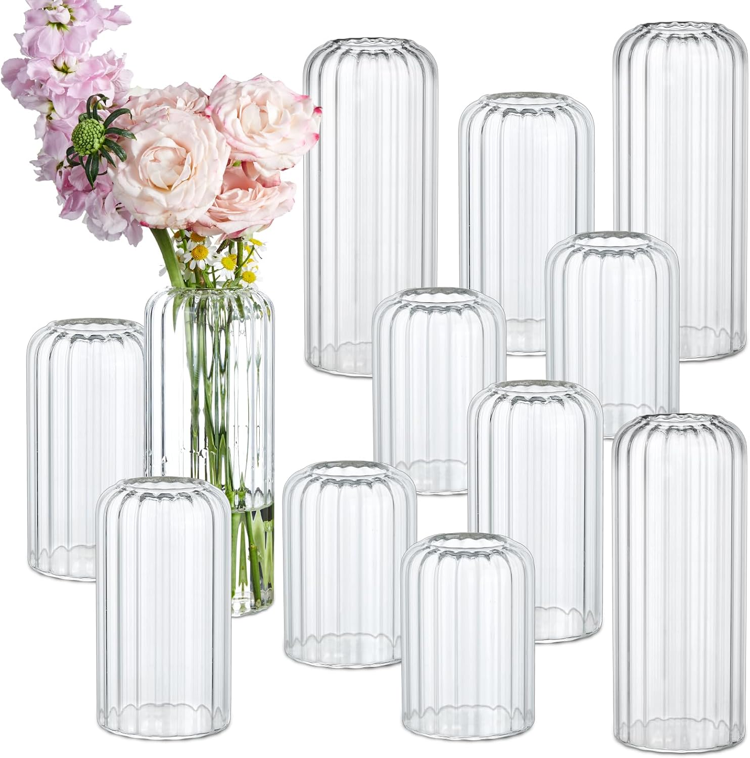 Ribbed Cylinder Glass Vases 12 Pack Wedding Decor