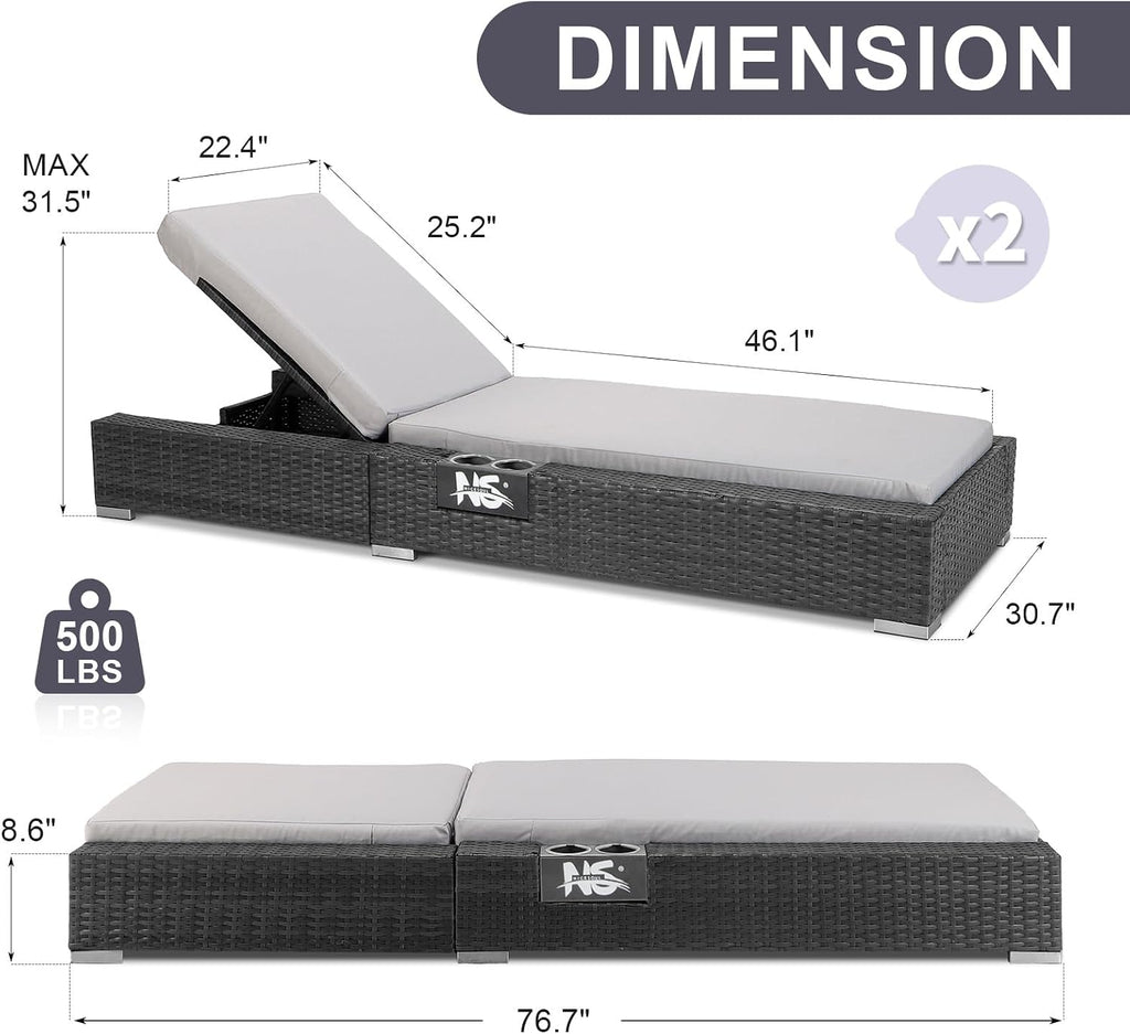 Light Grey Heavy Duty Wicker Chaise Lounge Set 2