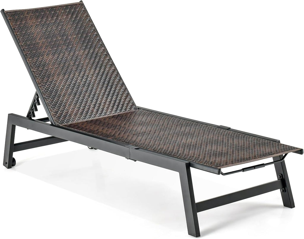 PE Rattan Rolling Adjustable Patio Chaise Lounge