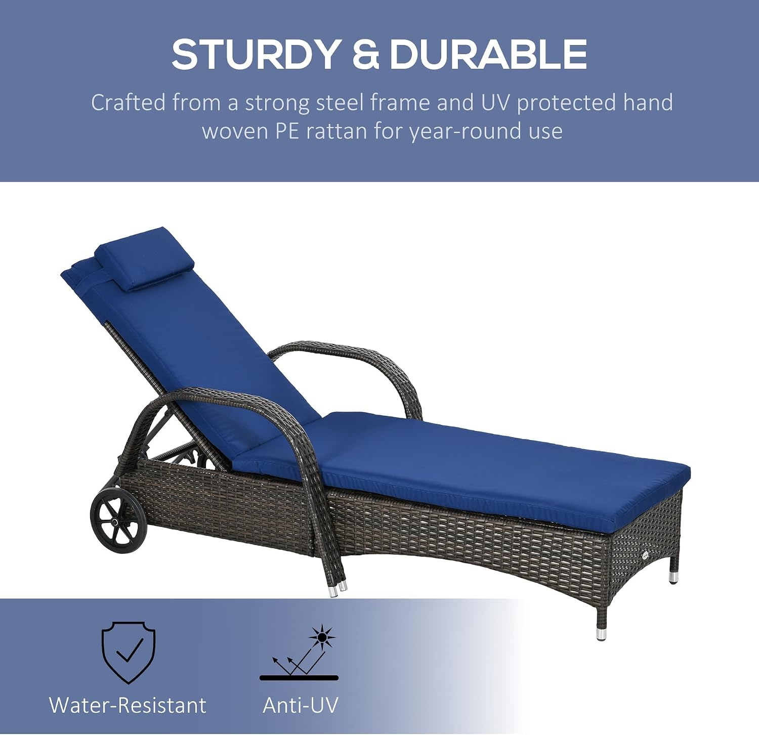 Brown Dark Blue PE Rattan Chaise Lounge Set 2