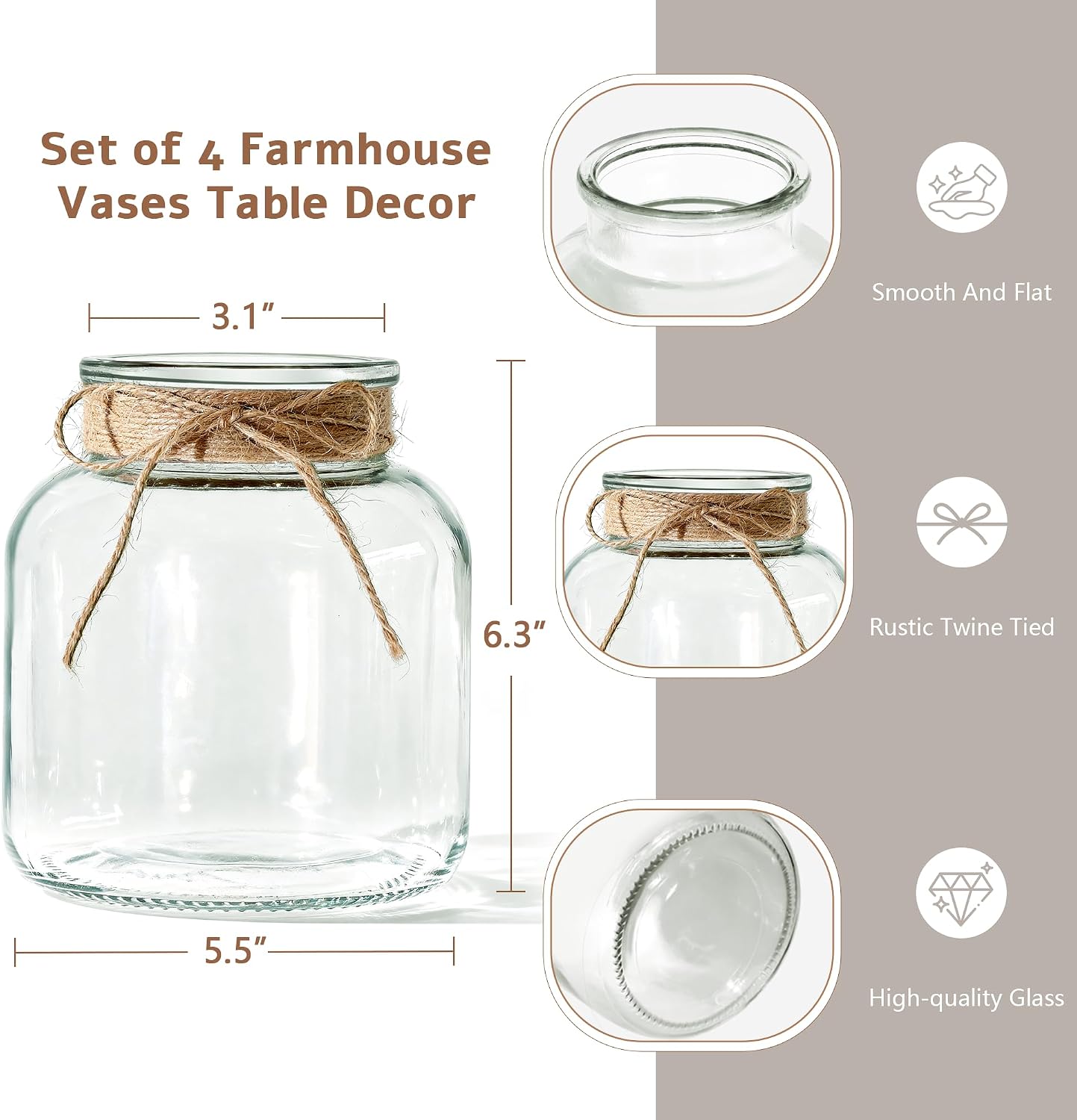 Farmhouse Clear Glass Vases 4 Pack Home Wedding Decor