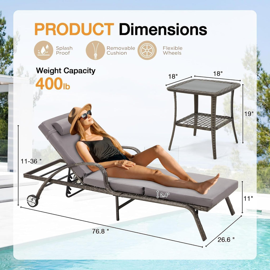 Gray Wicker Patio Chaise Lounge Set 3