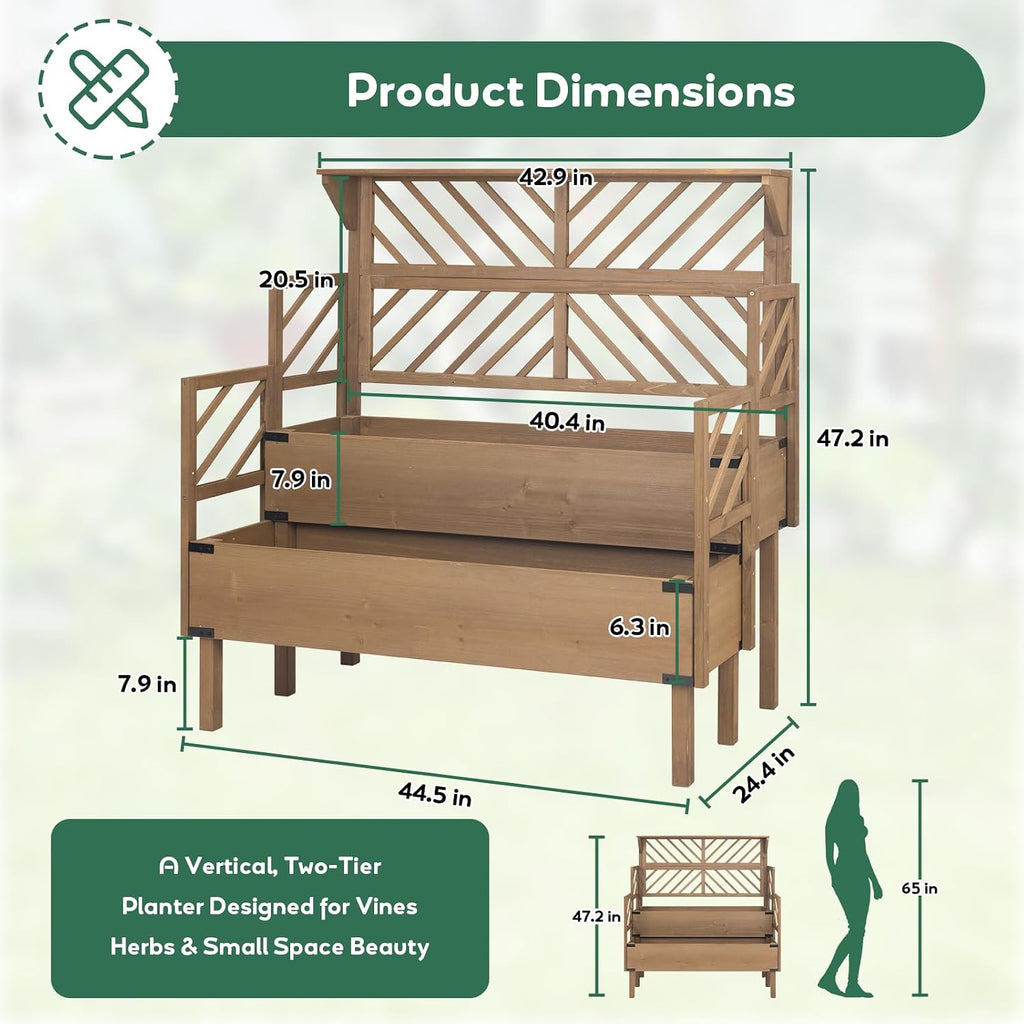 2-Tier Wood Elevated Planter With Trellis