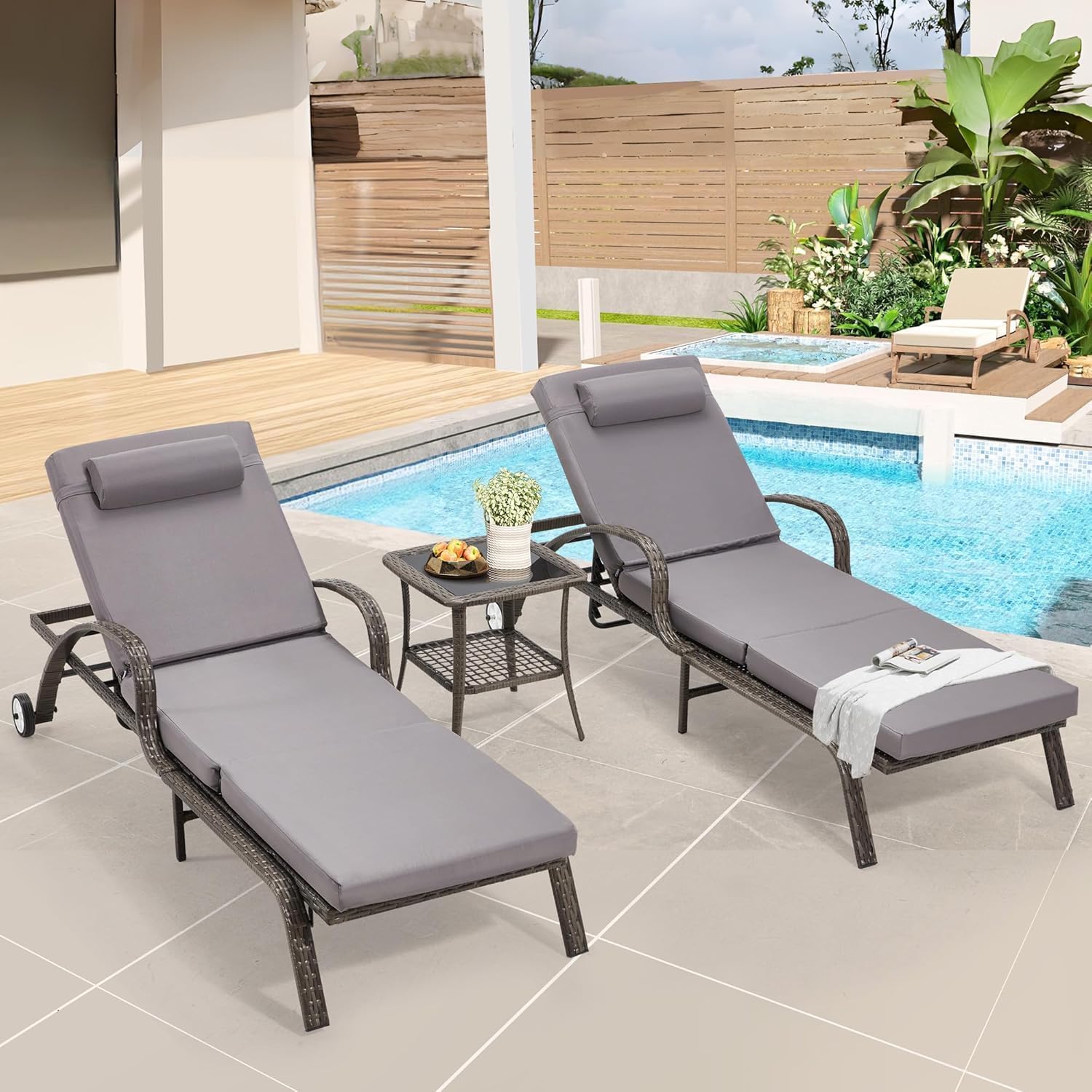 Gray Wicker Patio Chaise Lounge Set 3