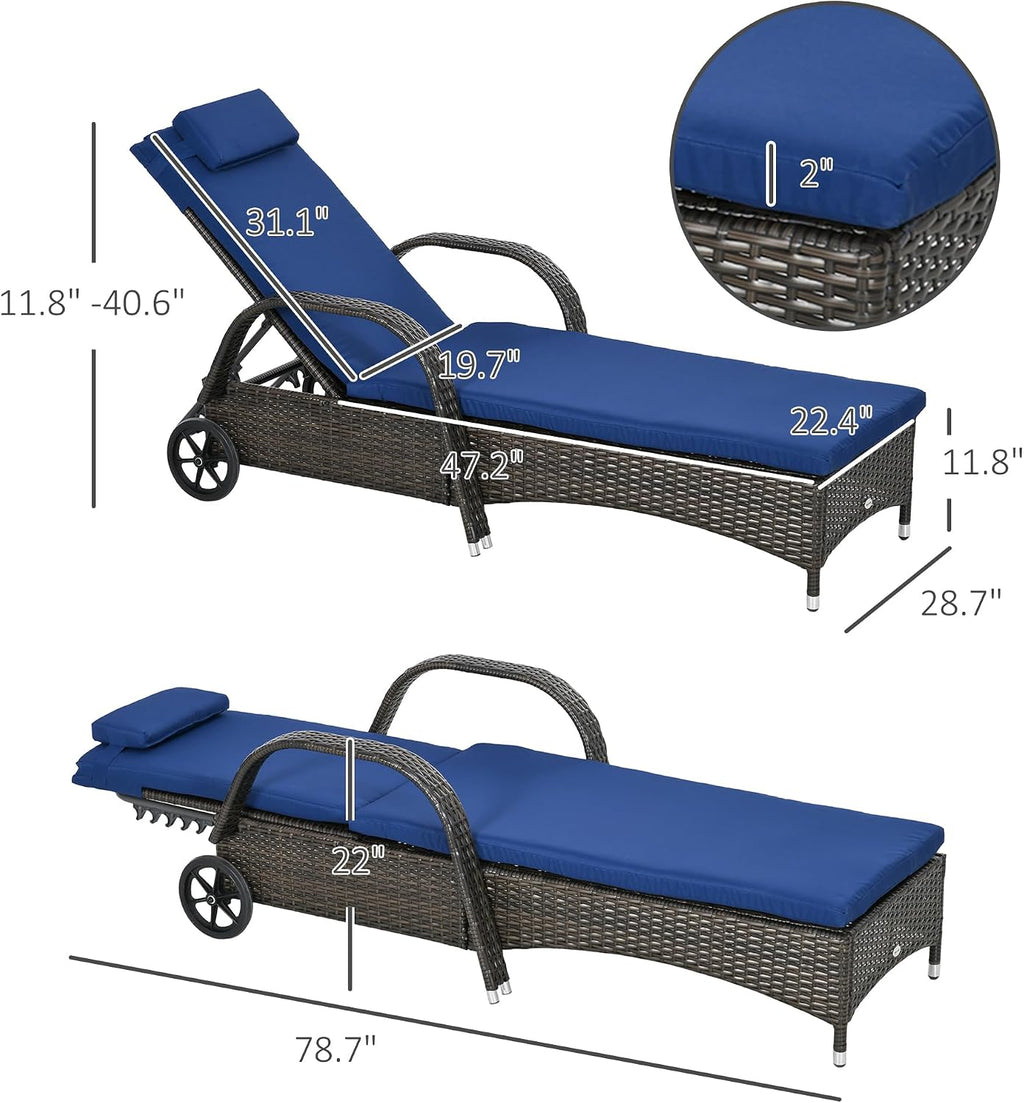Brown Dark Blue PE Rattan Chaise Lounge Set 2