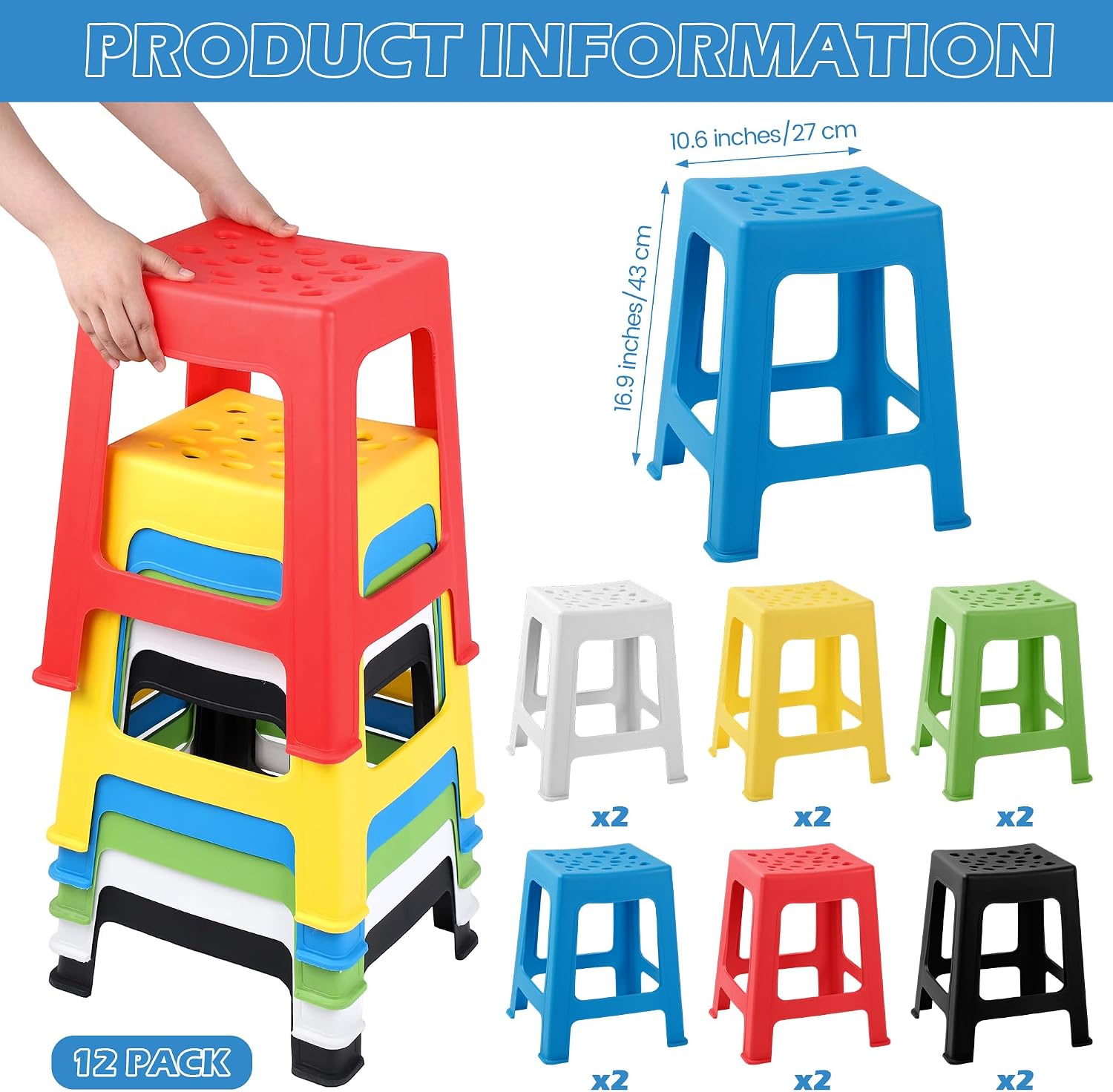 Mixed Color Stackable Plastic Stools 12 Pack