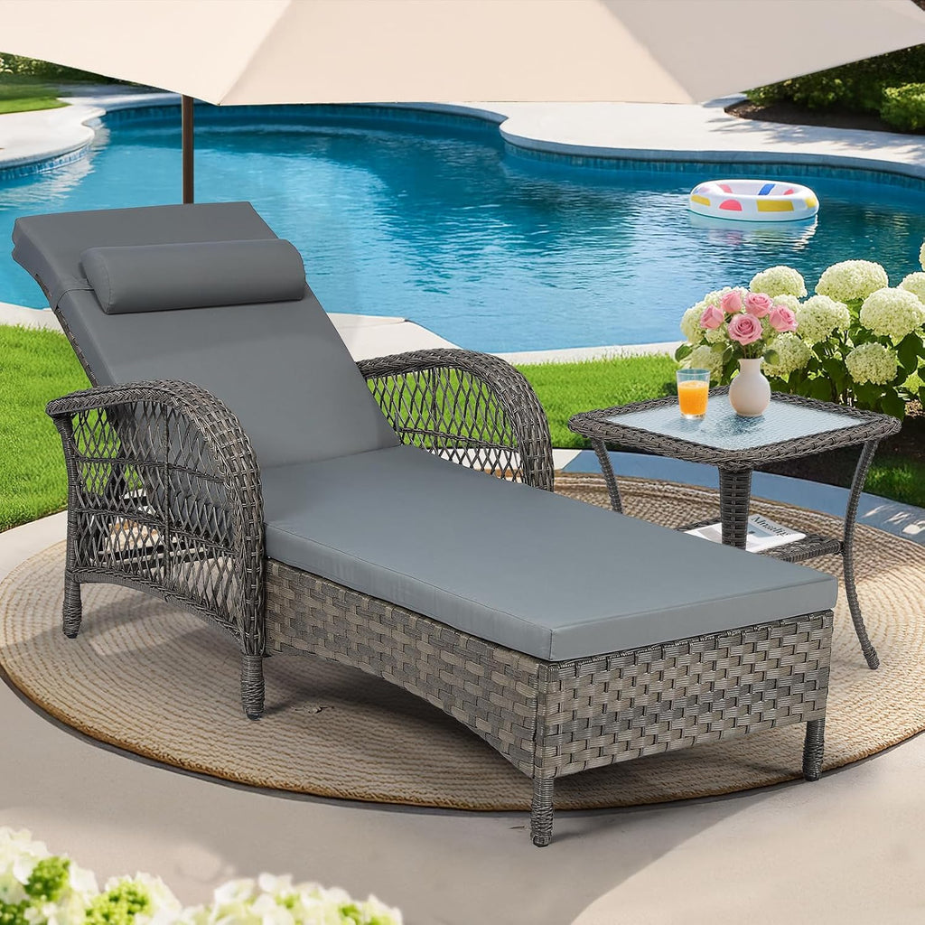 Gray PE Rattan Chaise Lounge With Side Table