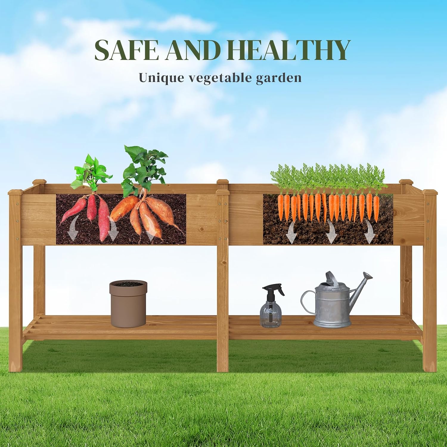 Brown Wood Elevated Garden Bed With Shelf