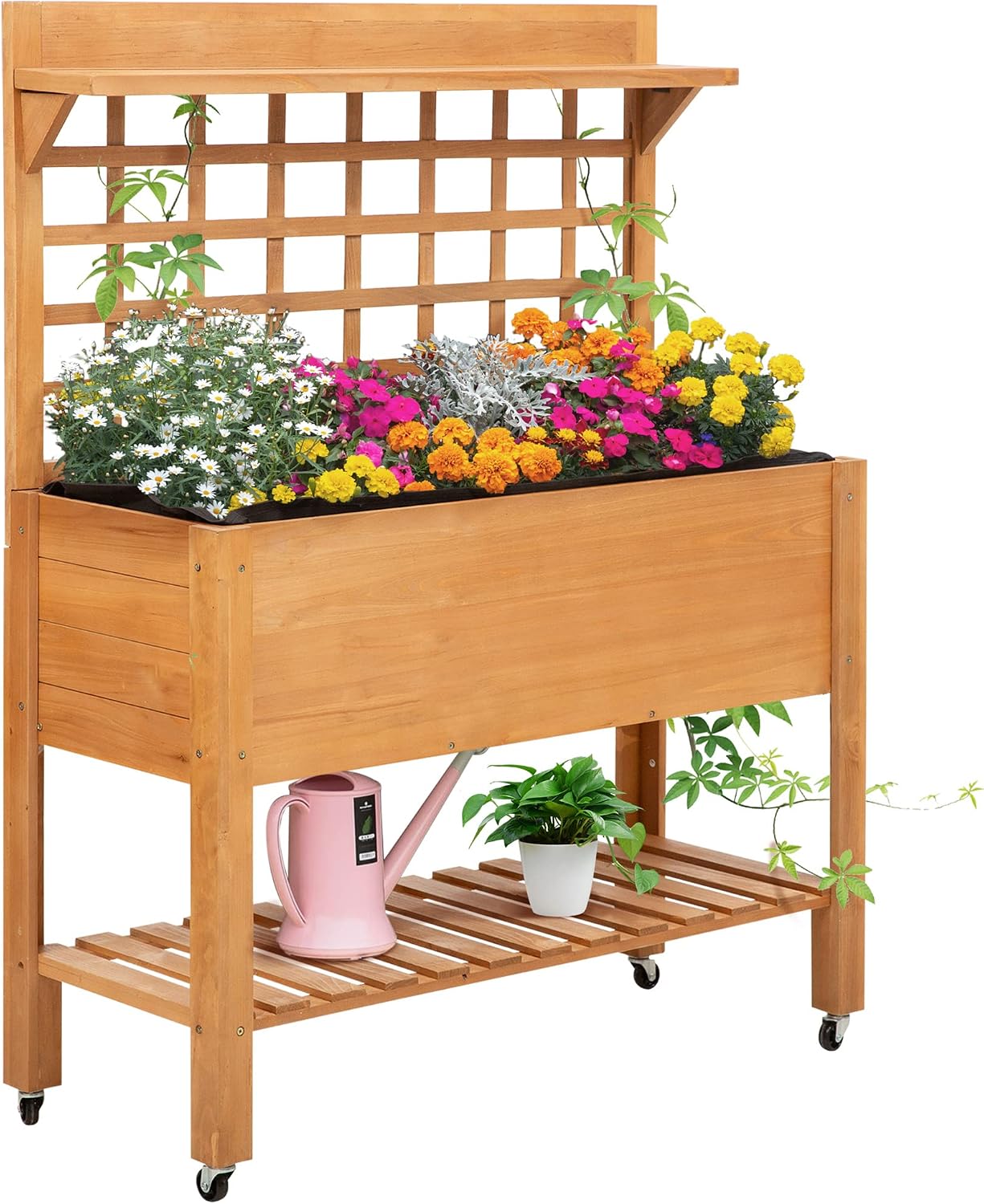 Brown Rolling Wood Planter Bed With Trellis