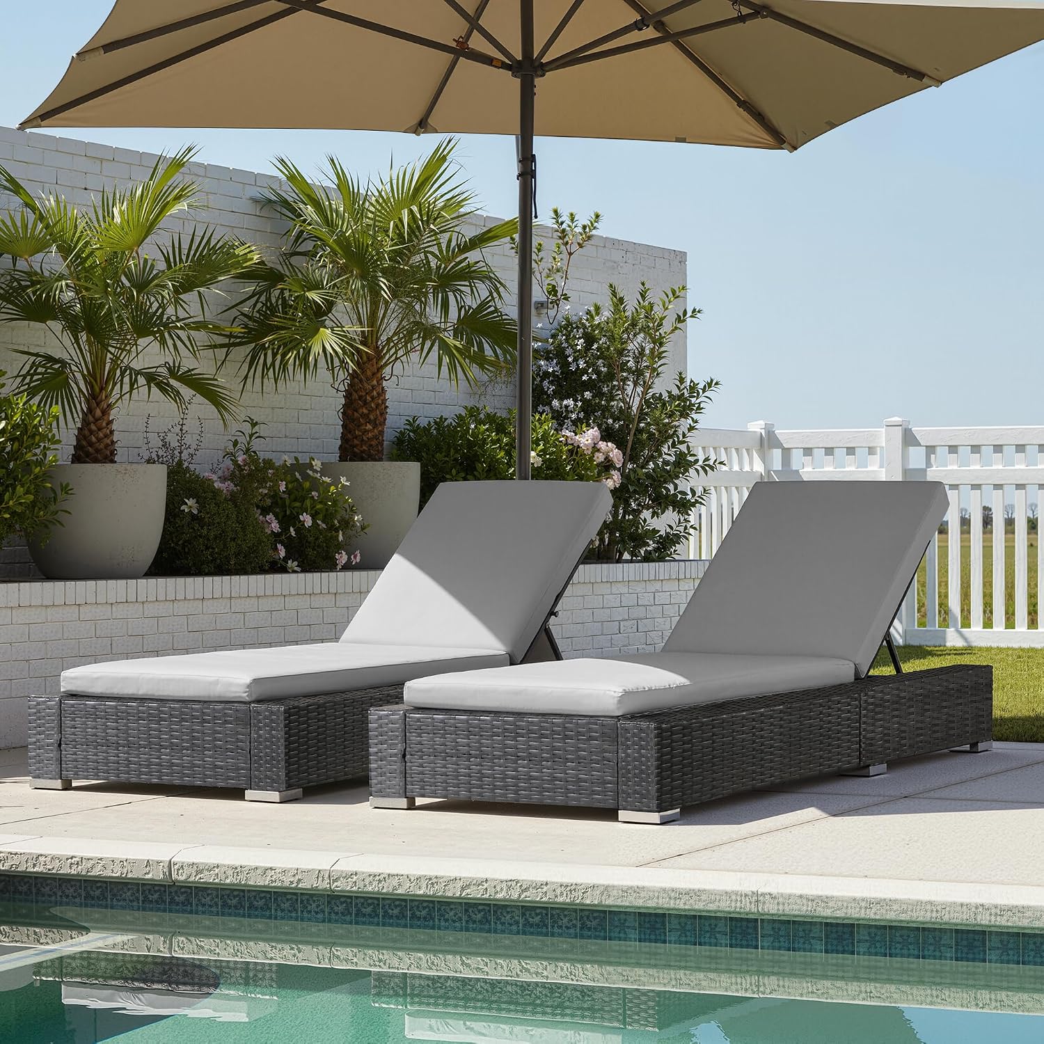 Light Grey Heavy Duty Wicker Chaise Lounge Set 2
