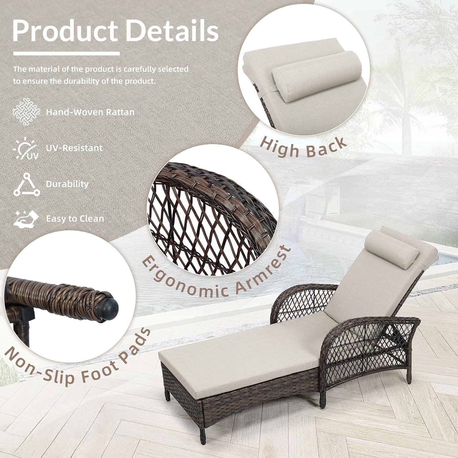 Beige Wicker Adjustable Patio Chaise Lounge Set 2