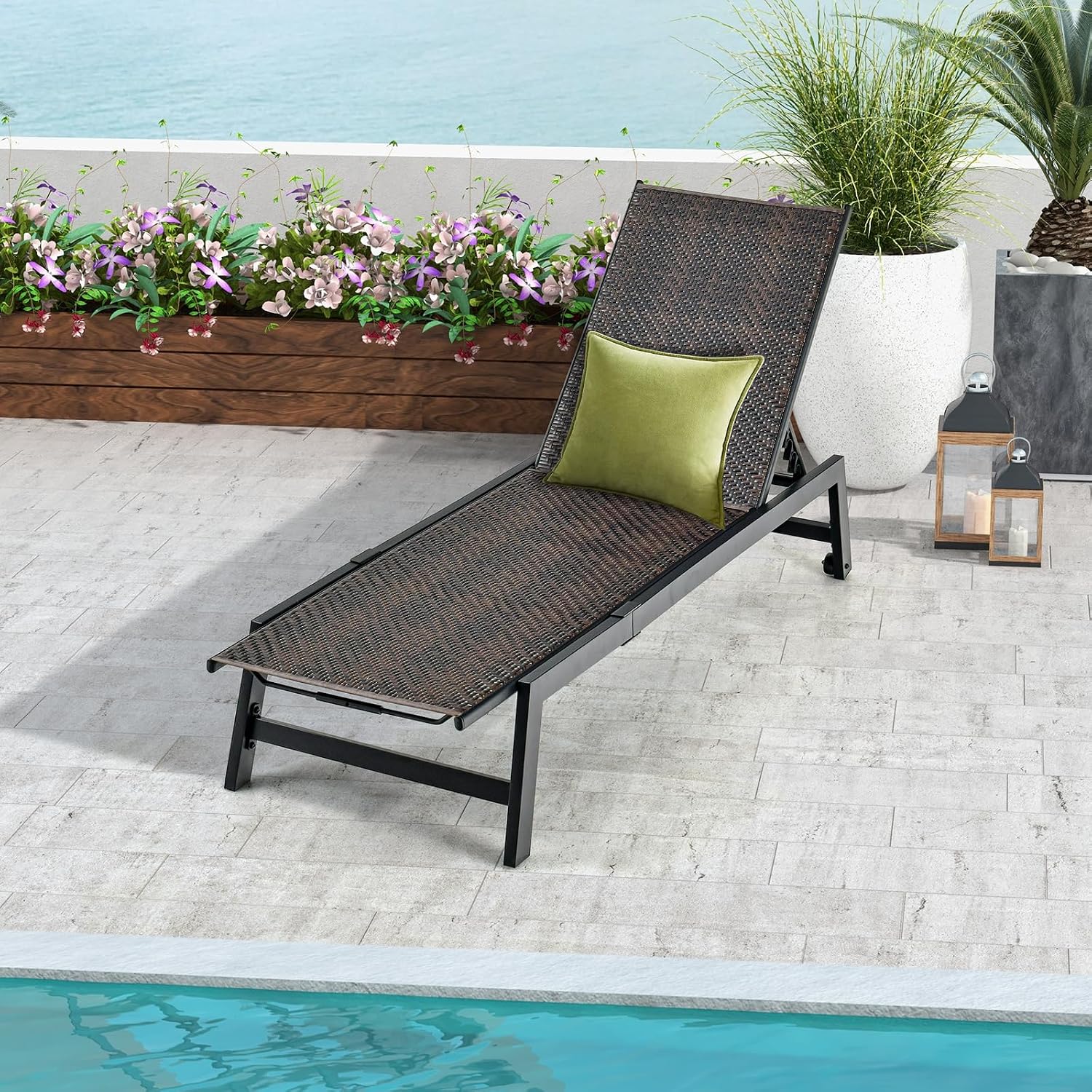 PE Rattan Rolling Adjustable Patio Chaise Lounge