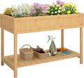 Natural Wood Elevated Planter With Pockets & Shelf
