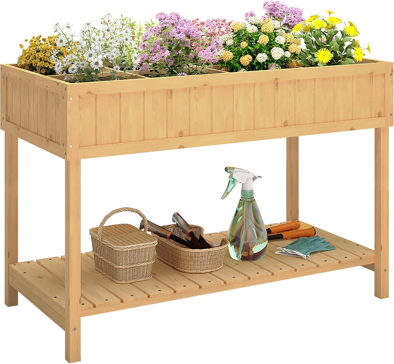 Natural Wood Elevated Planter With Pockets & Shelf