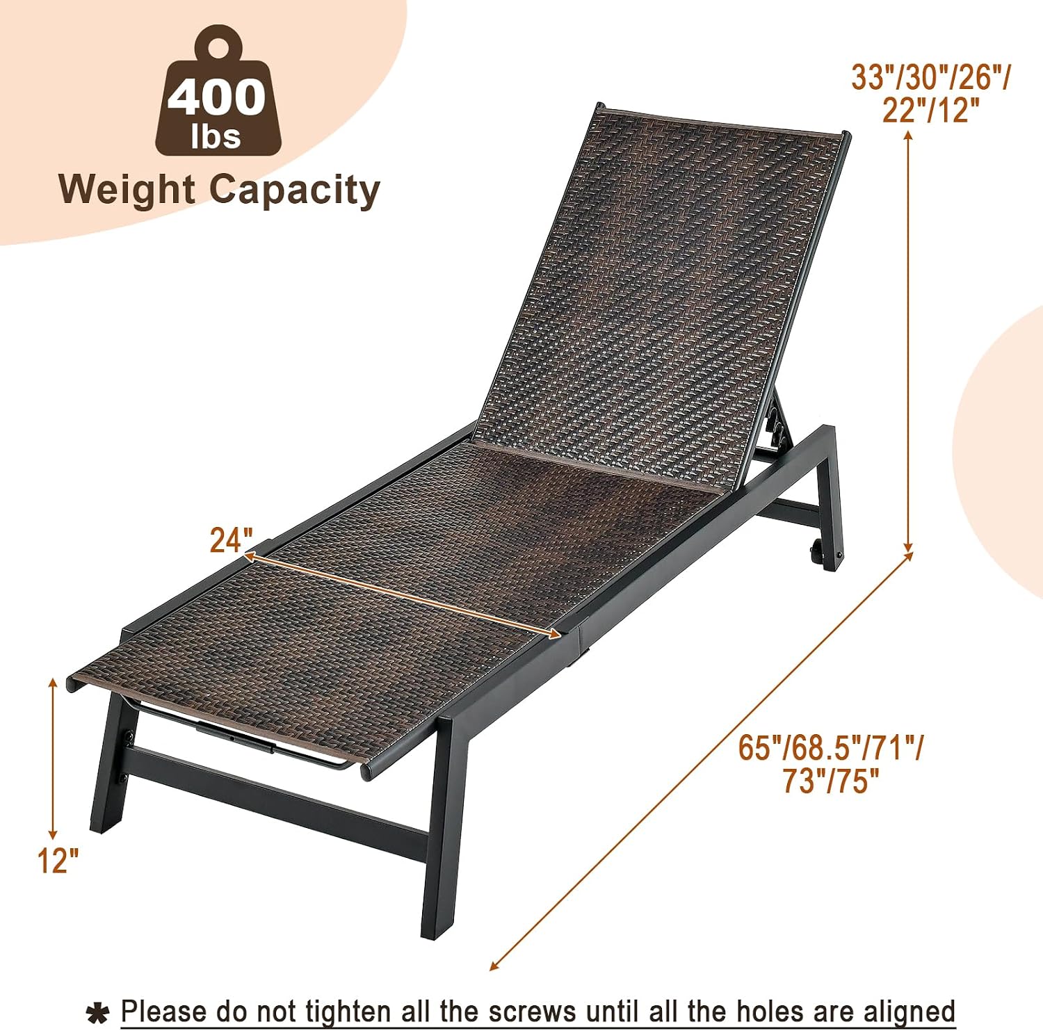 PE Rattan Rolling Adjustable Patio Chaise Lounge