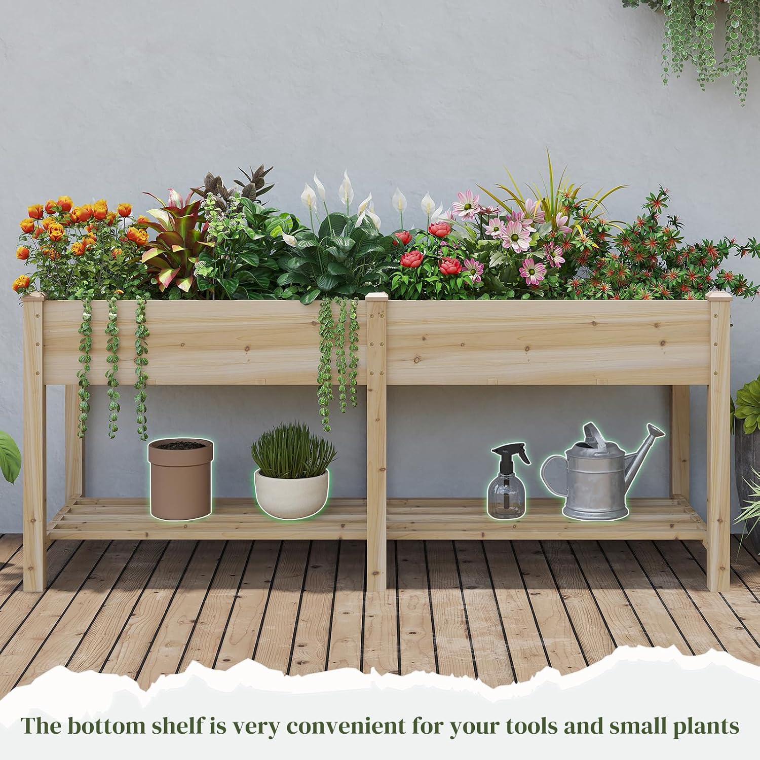 Natural Wood Elevated Garden Bed With Shelf
