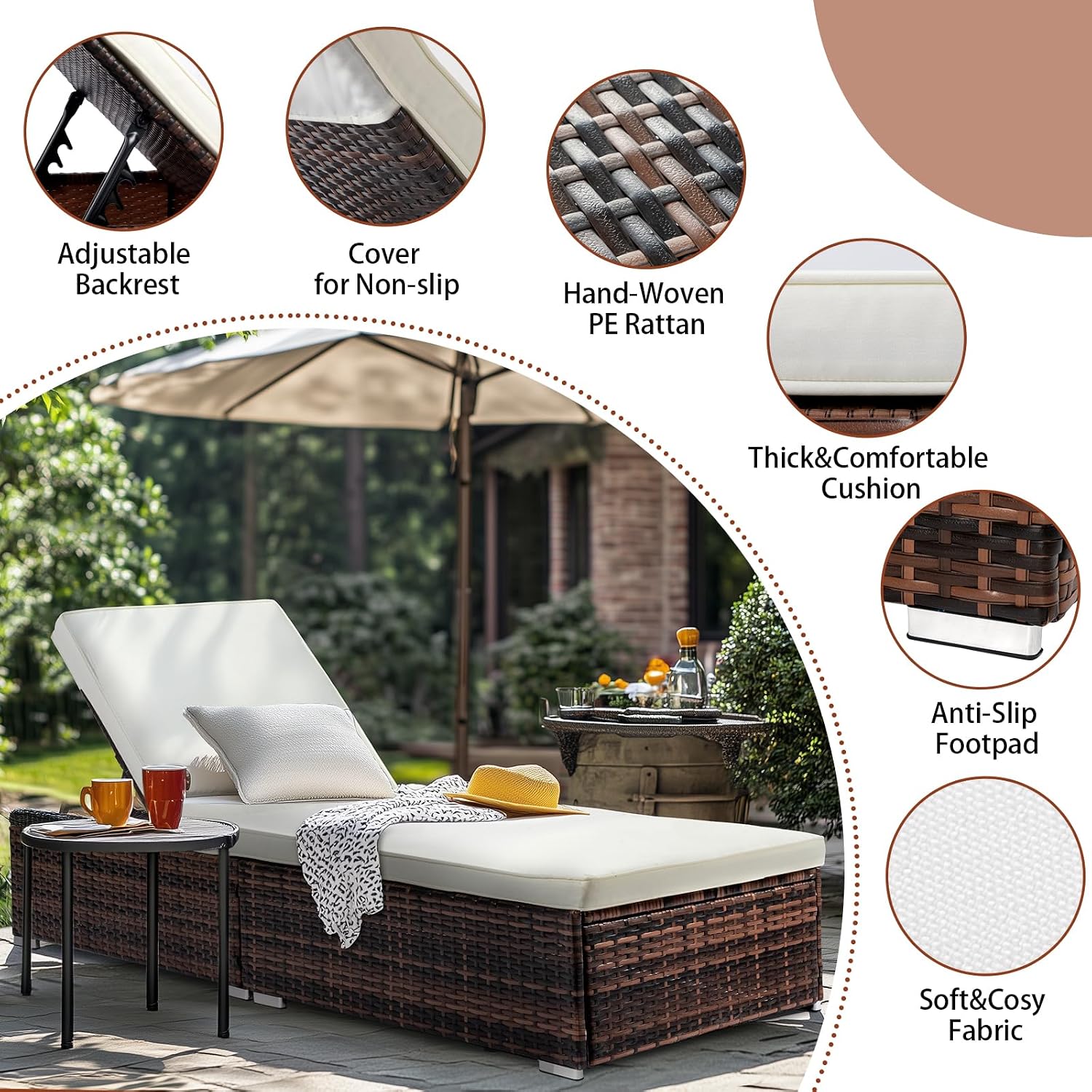 Brown Wicker Adjustable Patio Chaise Lounge