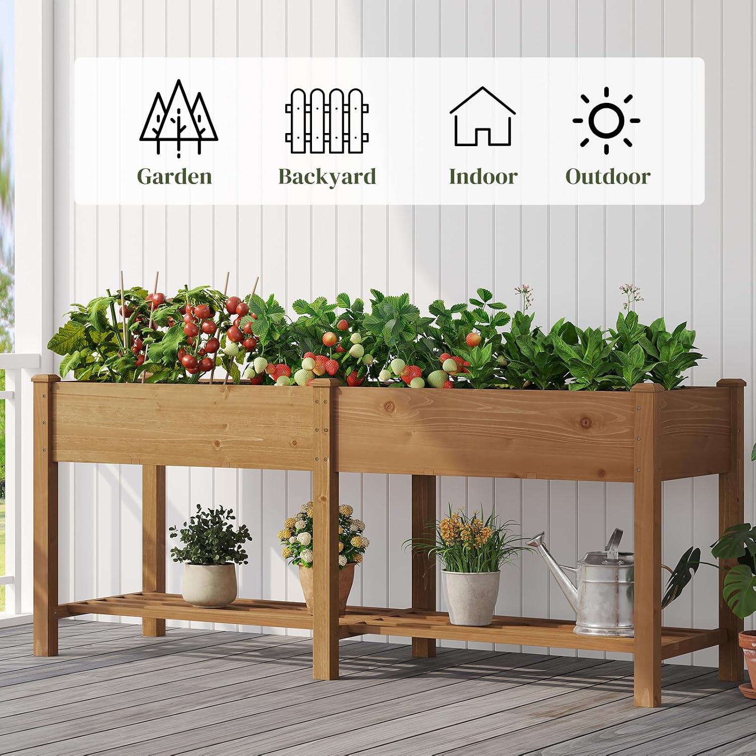 Brown Wood Elevated Garden Bed With Shelf