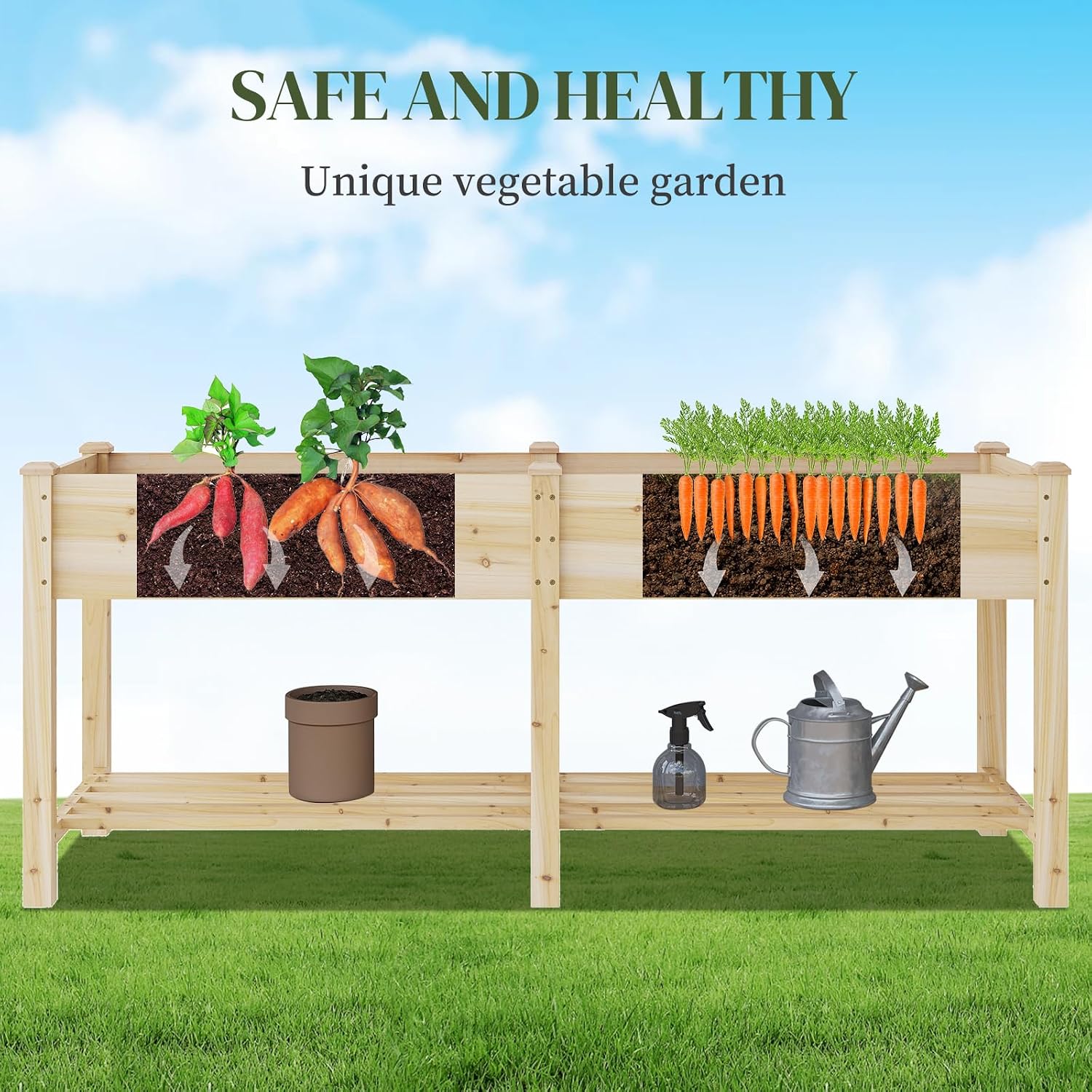 Natural Wood Elevated Garden Bed With Shelf