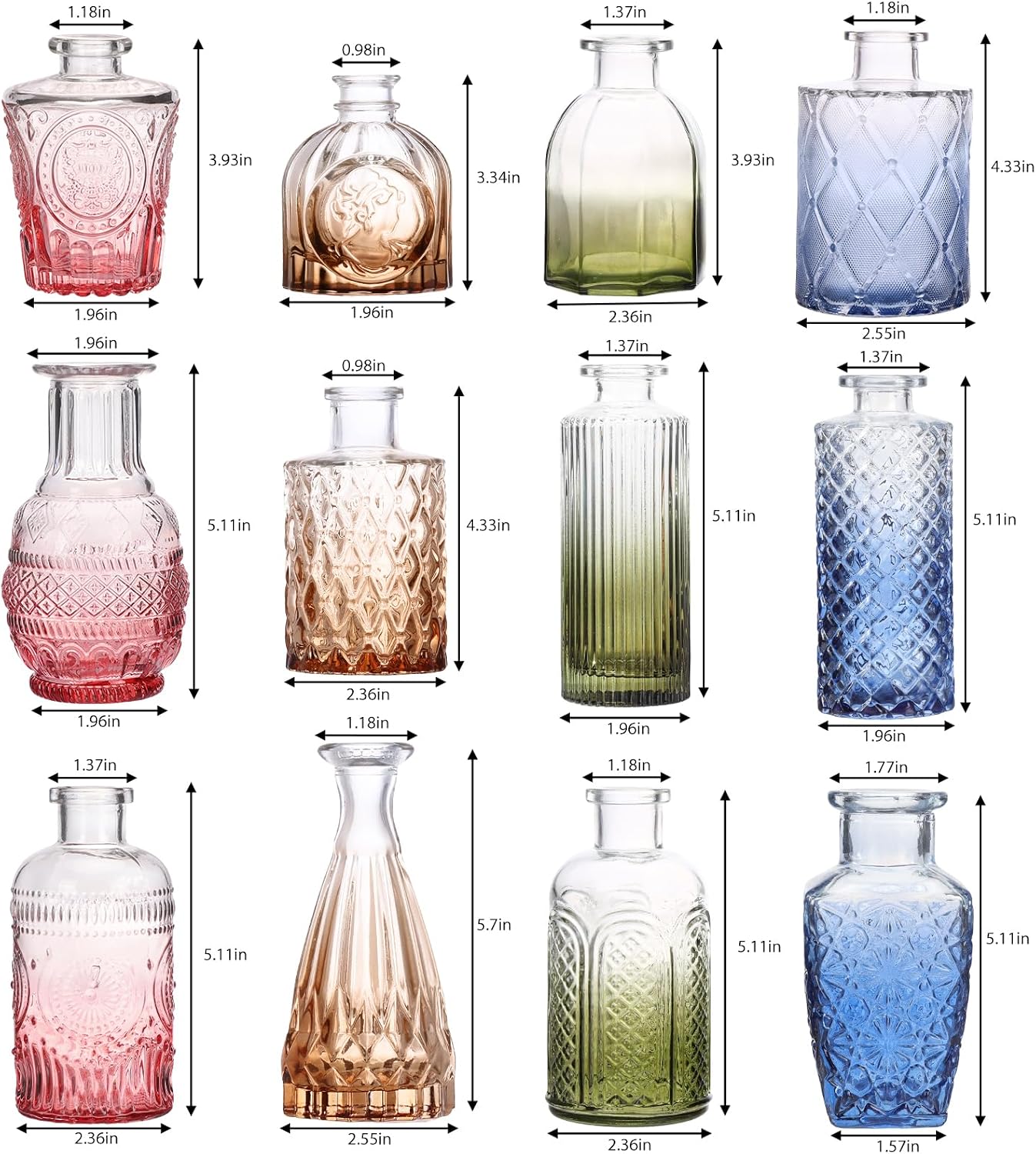 Colorful Vintage Glass Vases 12 Pack Wedding Decor