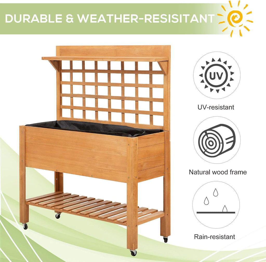 Brown Rolling Wood Planter Bed With Trellis