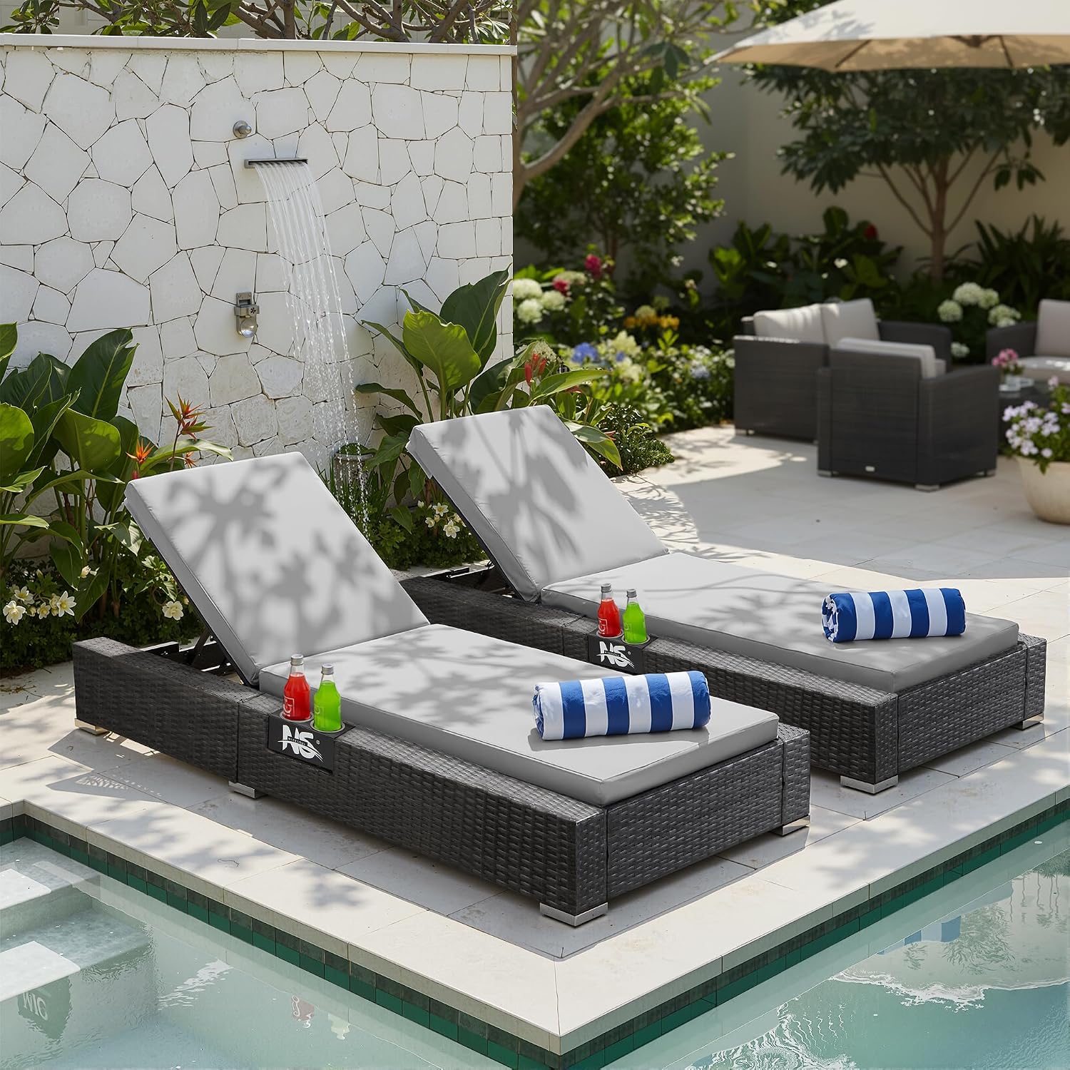 Light Grey Heavy Duty Wicker Chaise Lounge Set 2