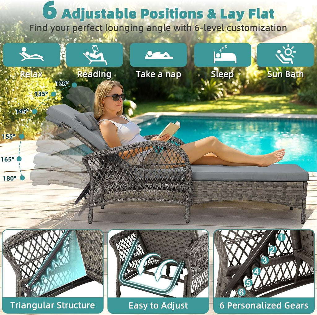 Gray PE Rattan Chaise Lounge With Side Table