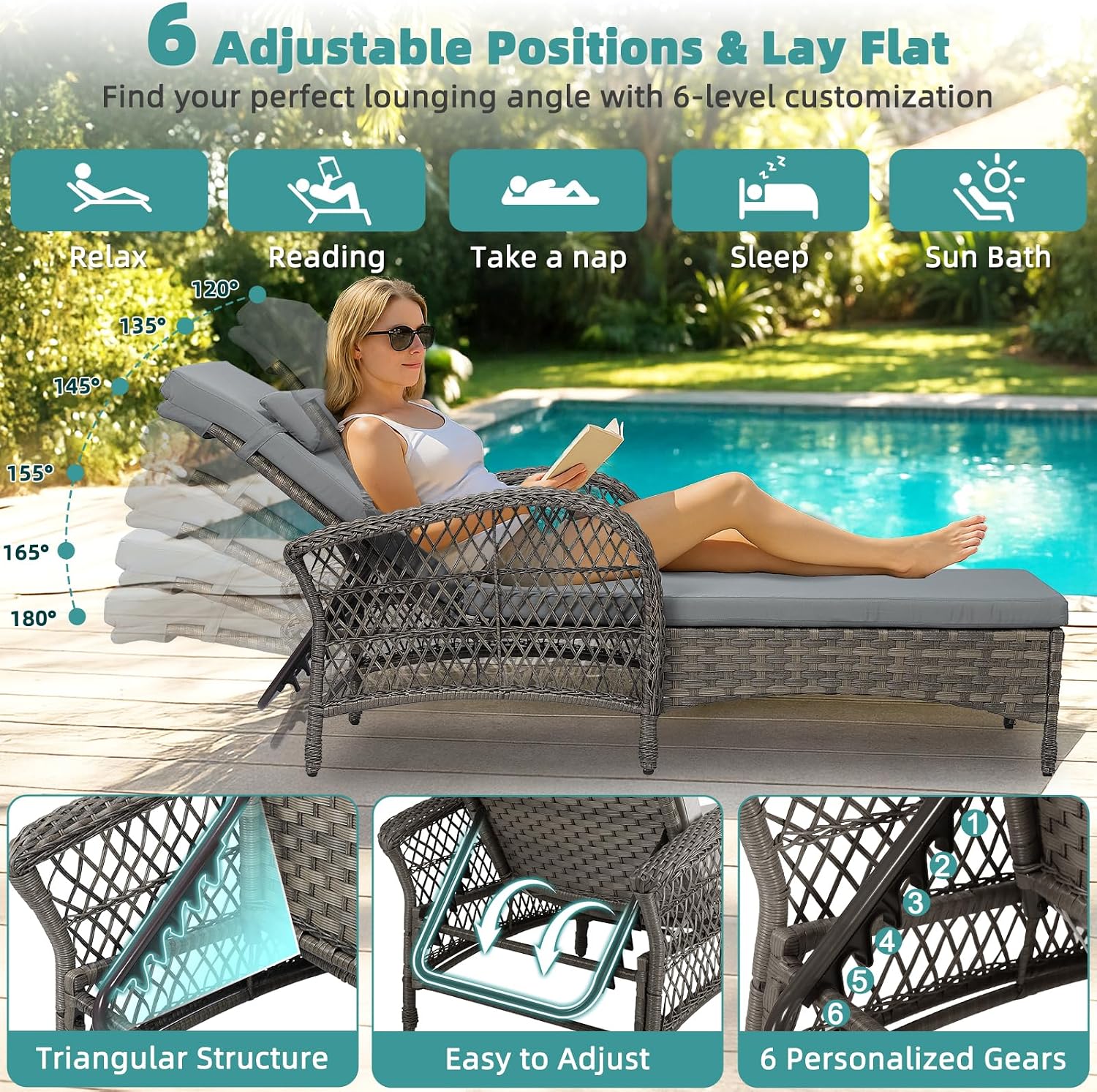 Gray PE Rattan Chaise Lounge With Side Table