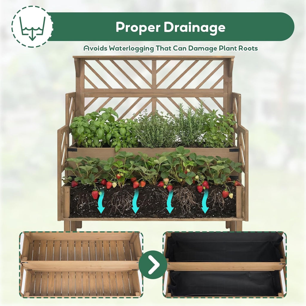 2-Tier Wood Elevated Planter With Trellis
