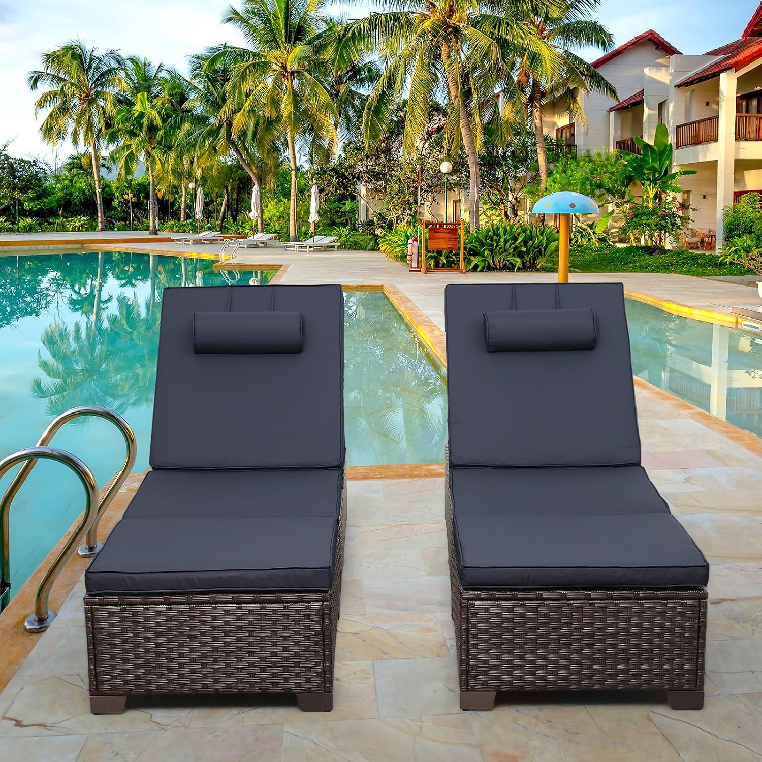 Brown Rattan Adjustable Patio Chaise Lounge Set 2