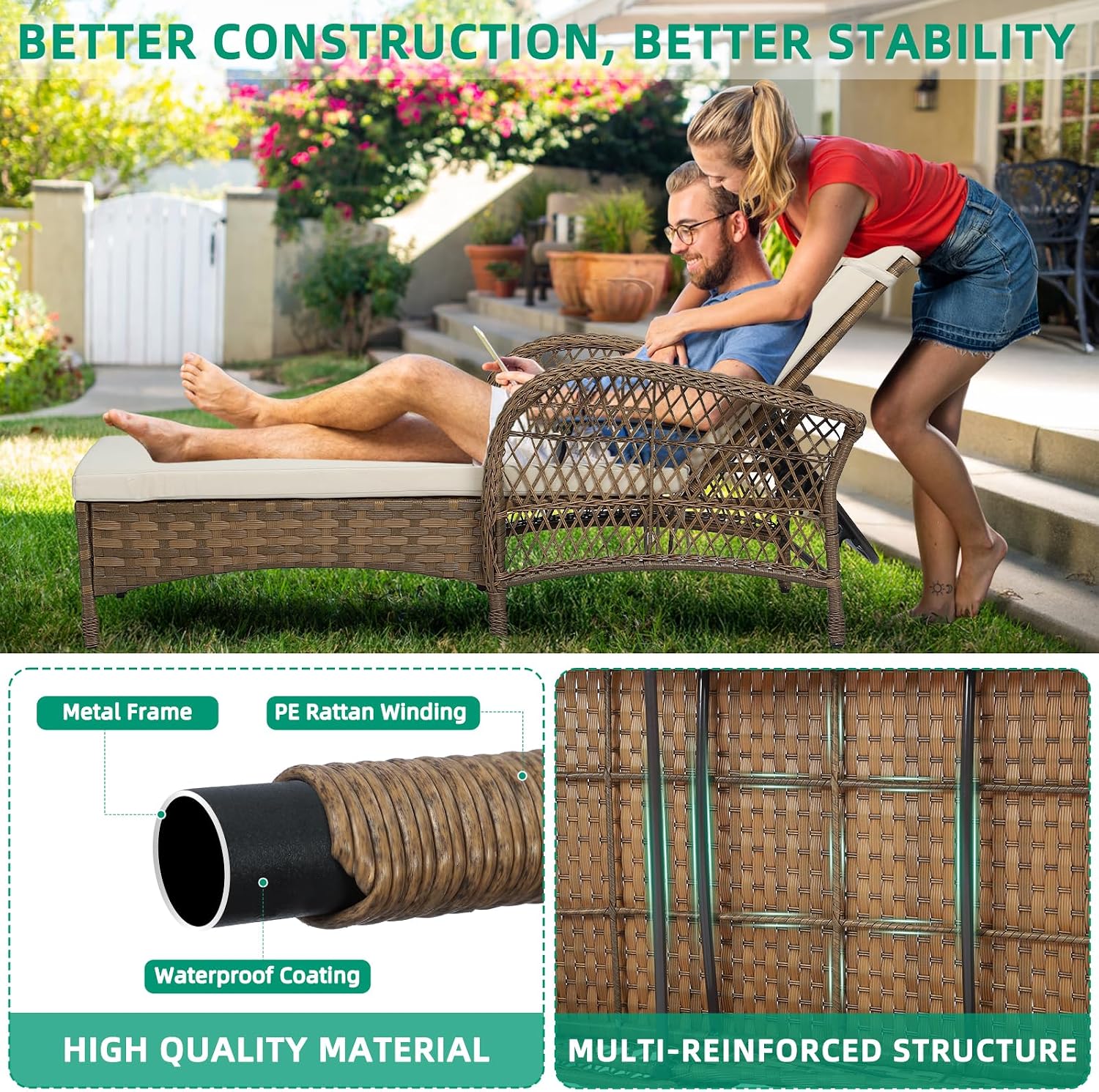 Beige PE Ricker Adjustable Patio Chaise Lounge