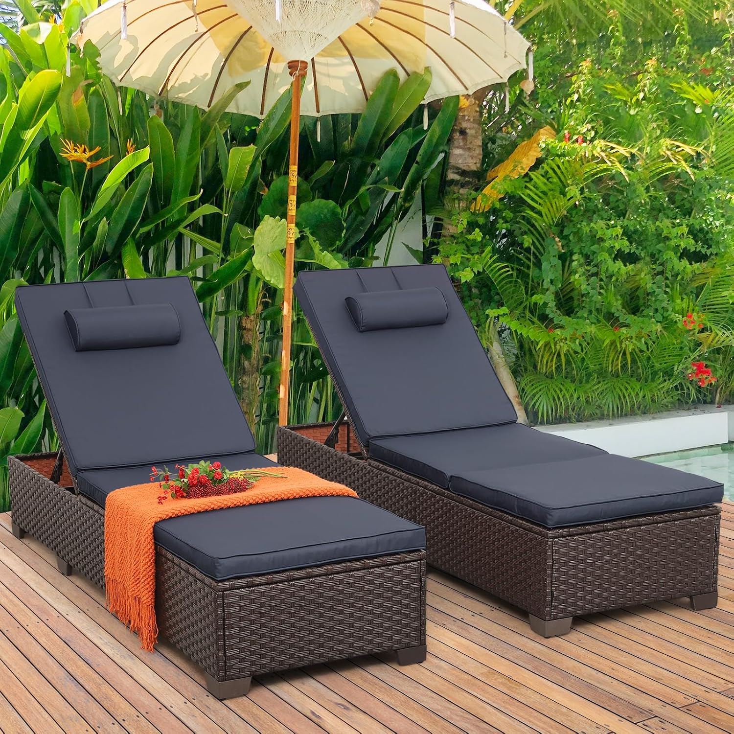 Brown Rattan Adjustable Patio Chaise Lounge Set 2