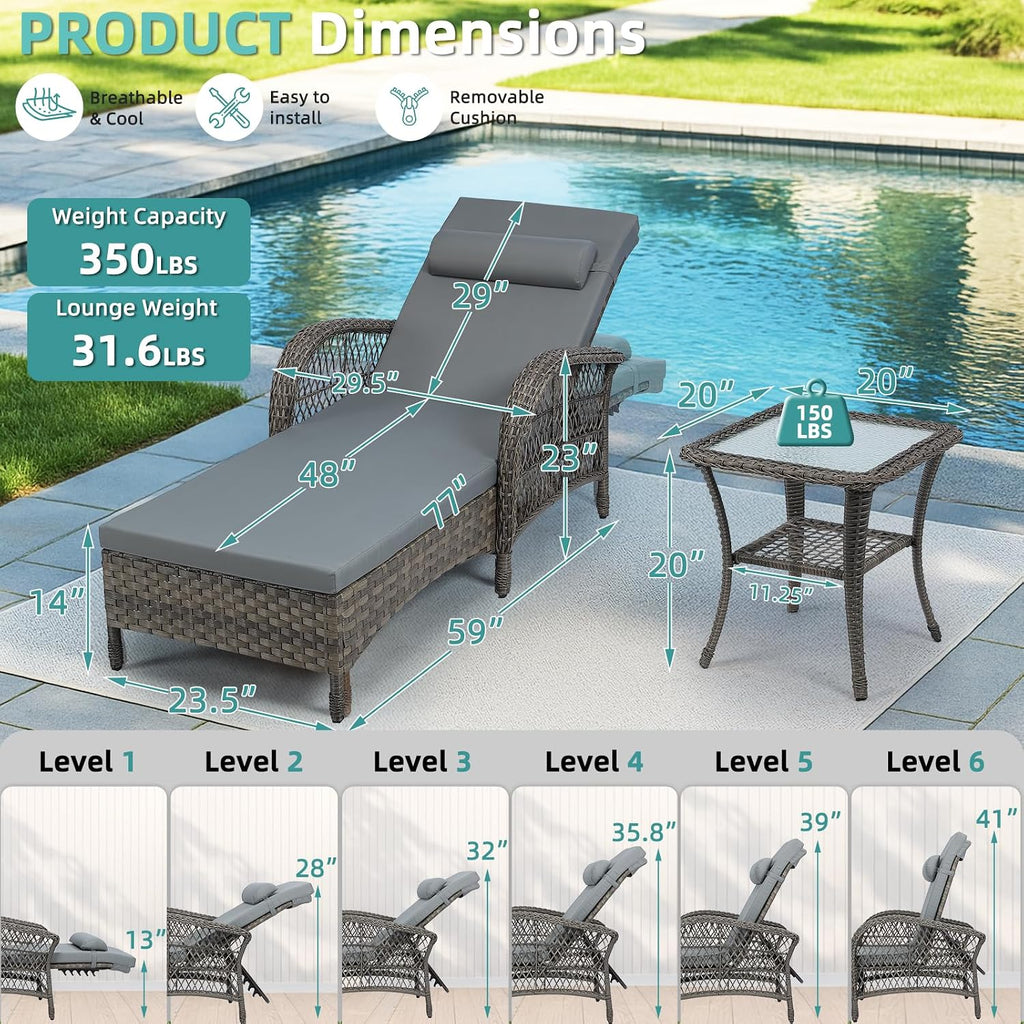 Gray PE Rattan Chaise Lounge With Side Table