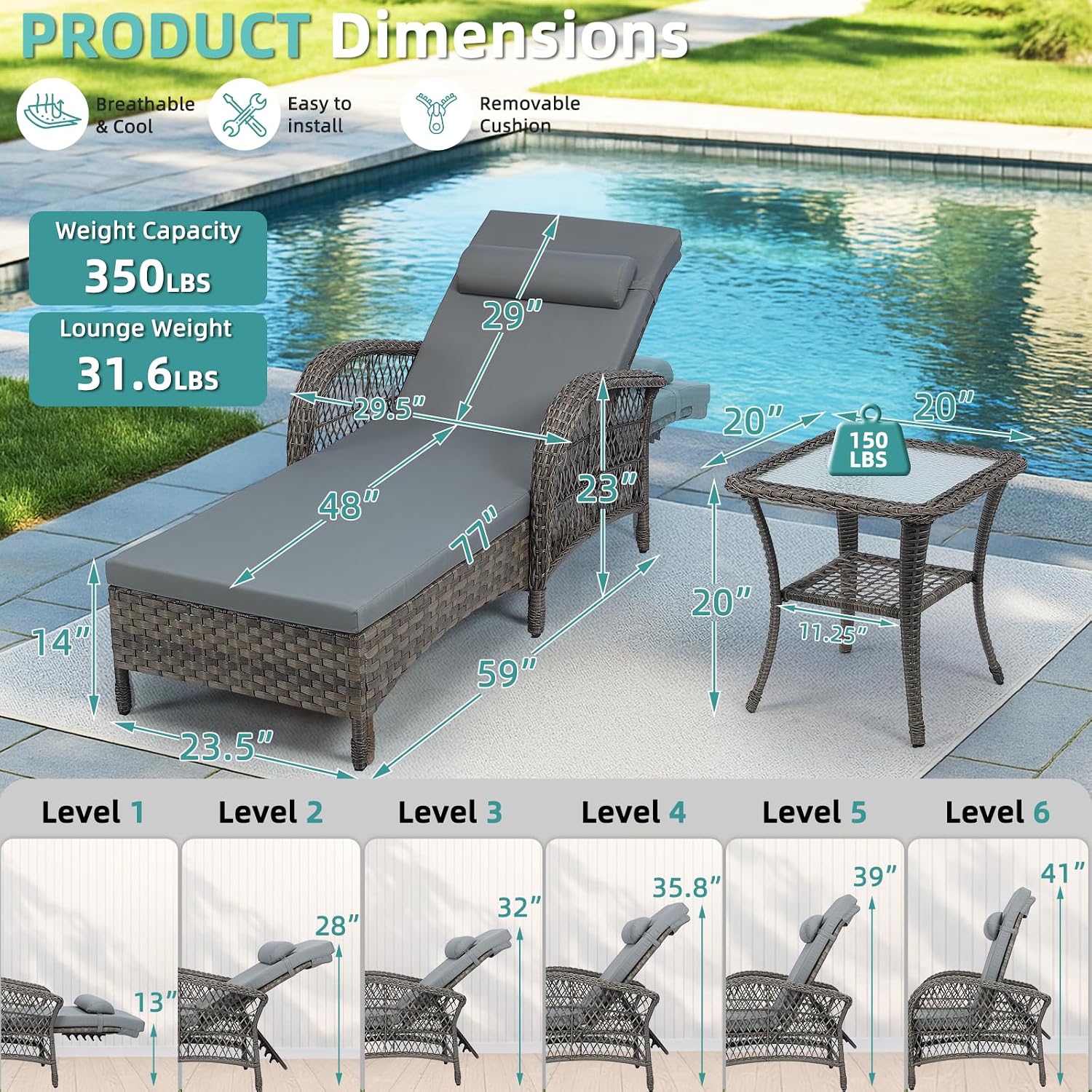 Gray PE Rattan Chaise Lounge With Side Table