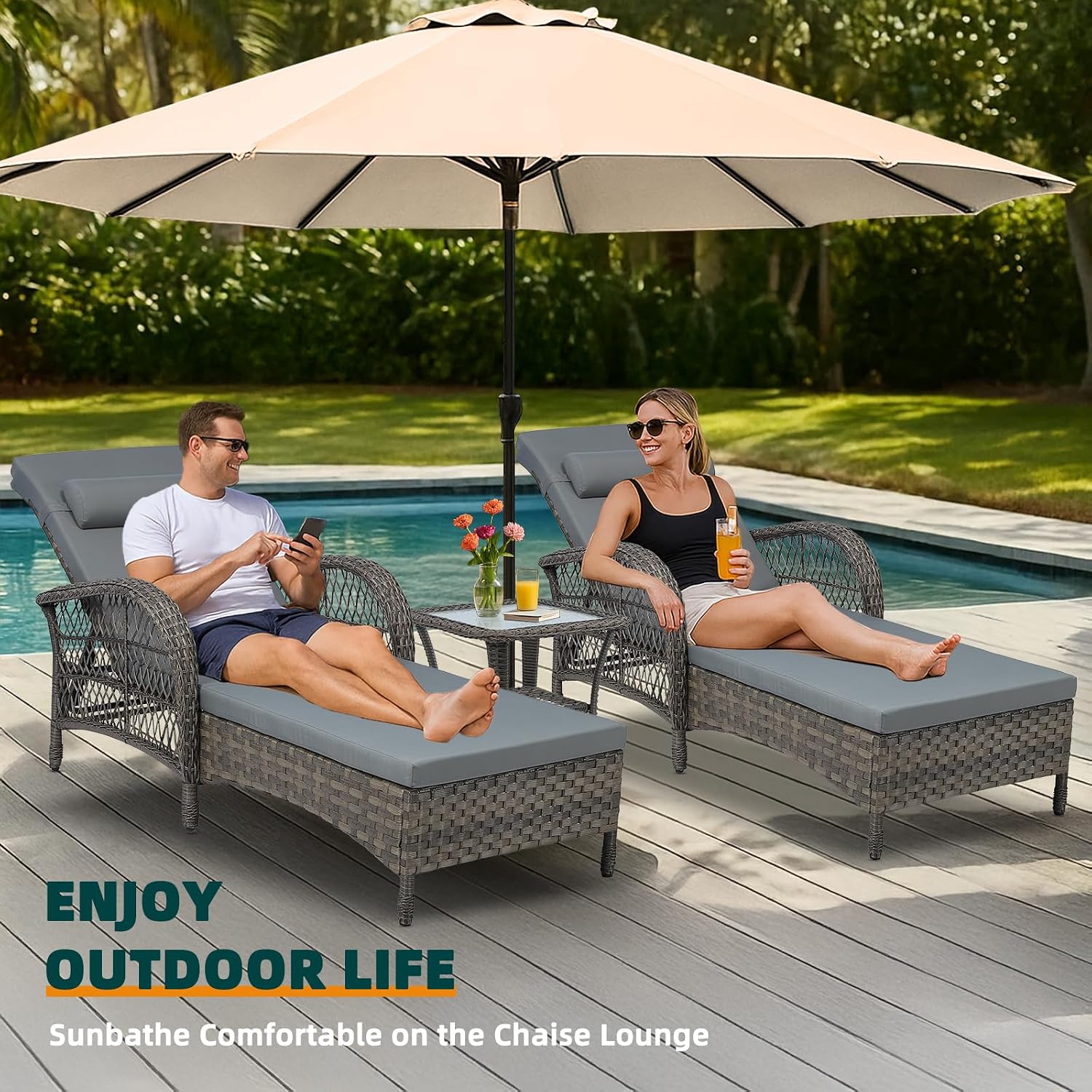 Gray PE Rattan Chaise Lounge With Side Table