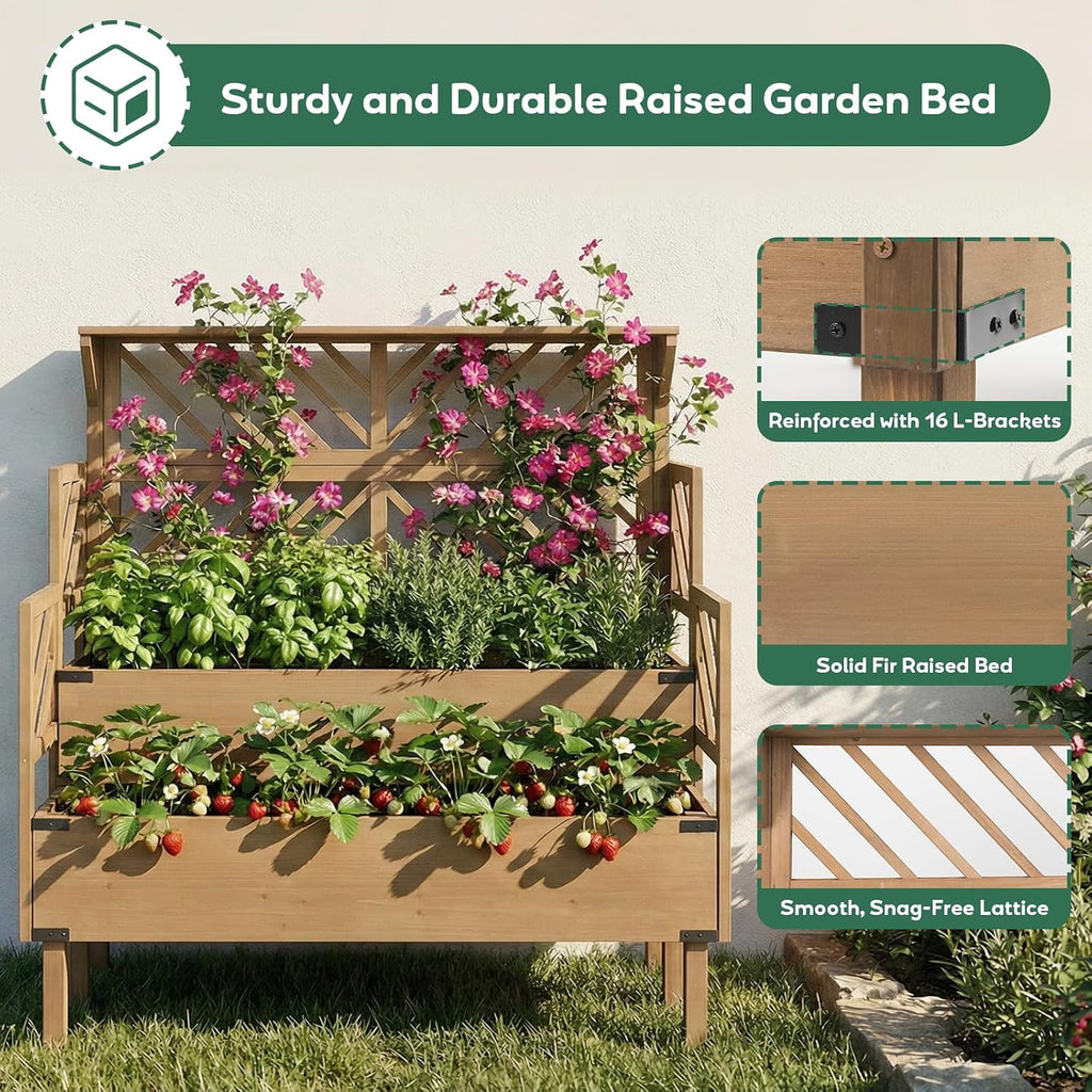 2-Tier Wood Elevated Planter With Trellis