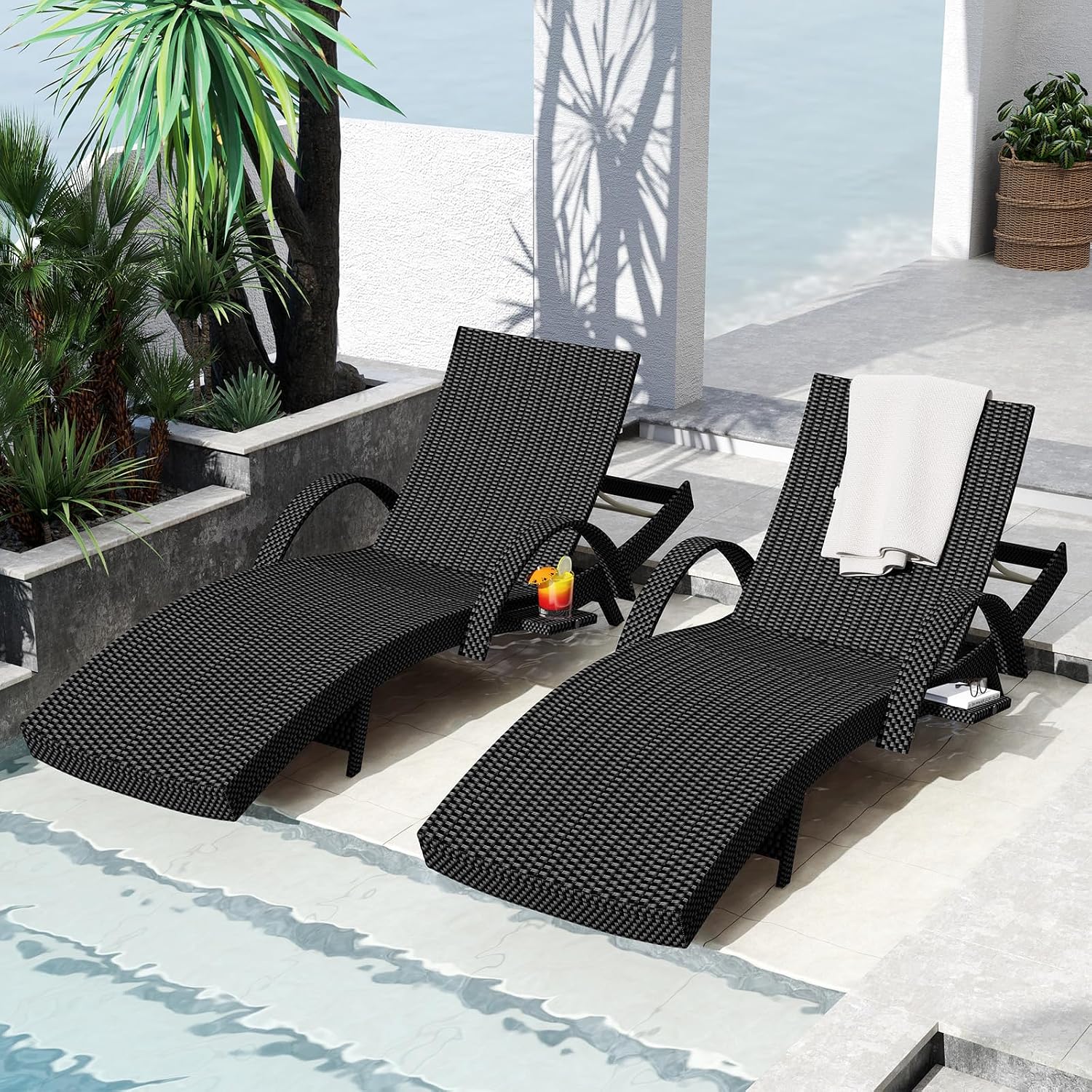 Brown Wicker Adjustable Patio Chaise Lounge Set 2