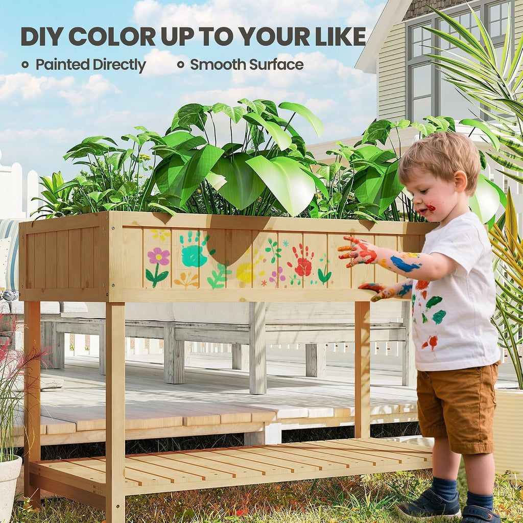 Natural Wood Elevated Planter With Pockets & Shelf