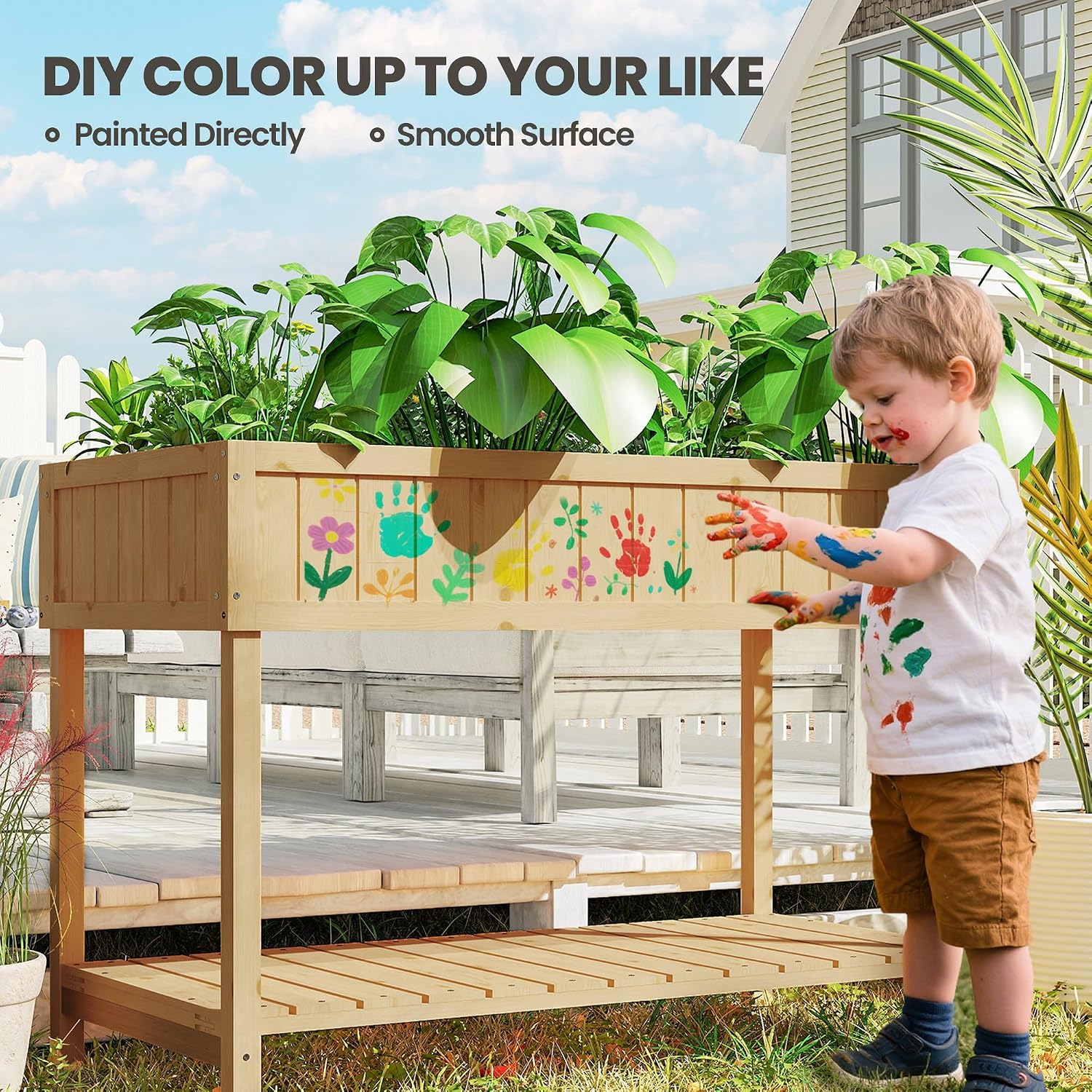 Natural Wood Elevated Planter With Pockets & Shelf
