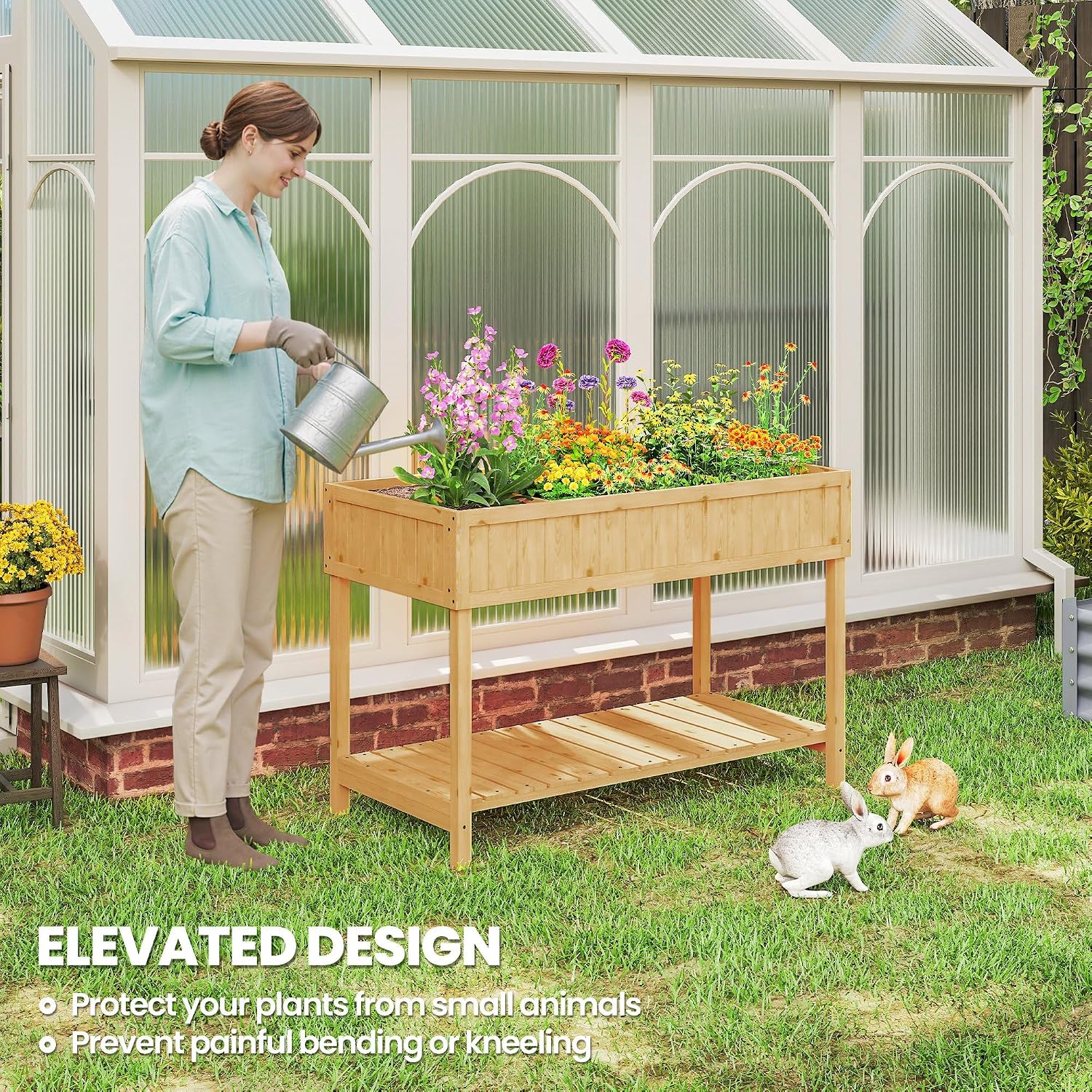 Natural Wood Elevated Planter With Pockets & Shelf