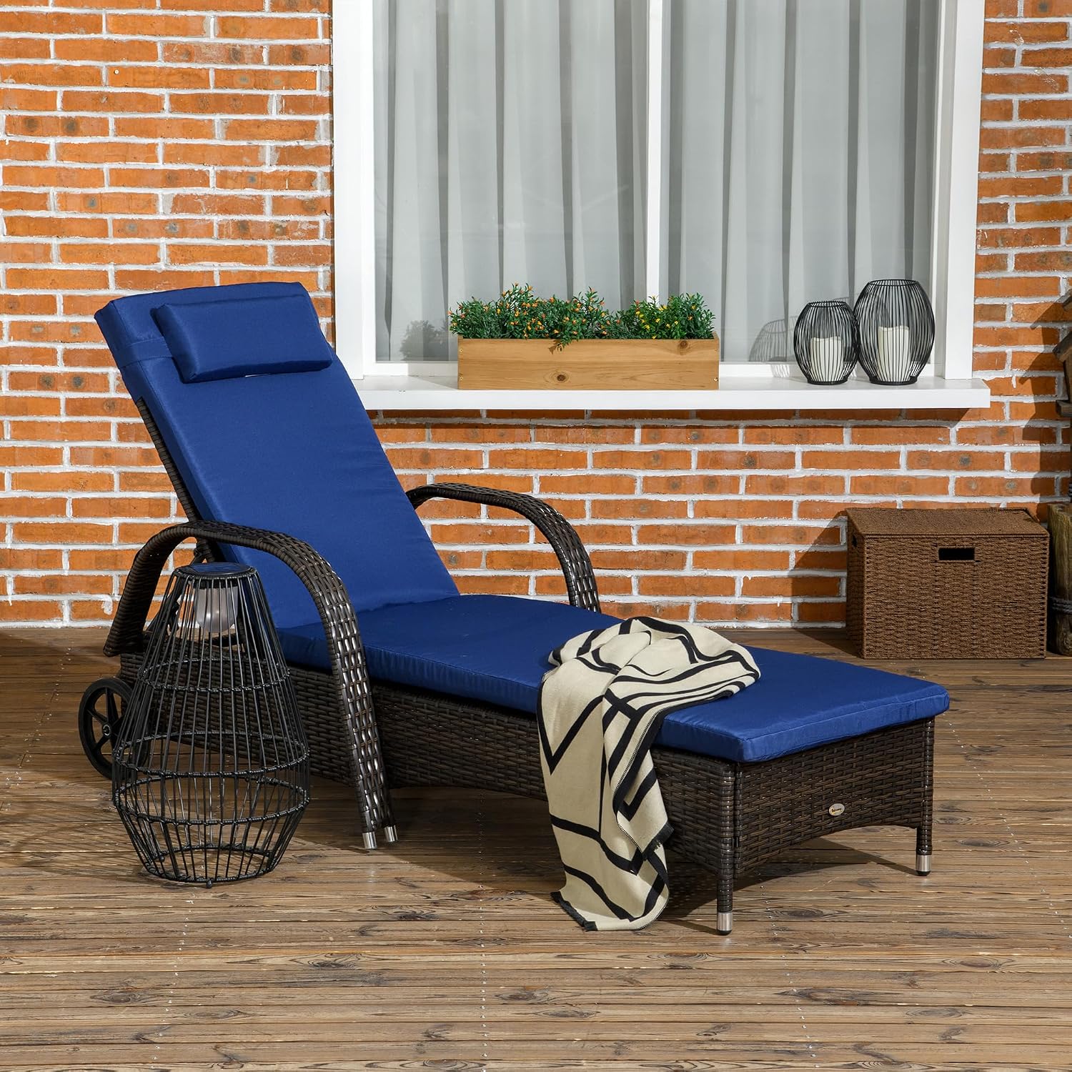 Brown Dark Blue PE Rattan Chaise Lounge Set 2
