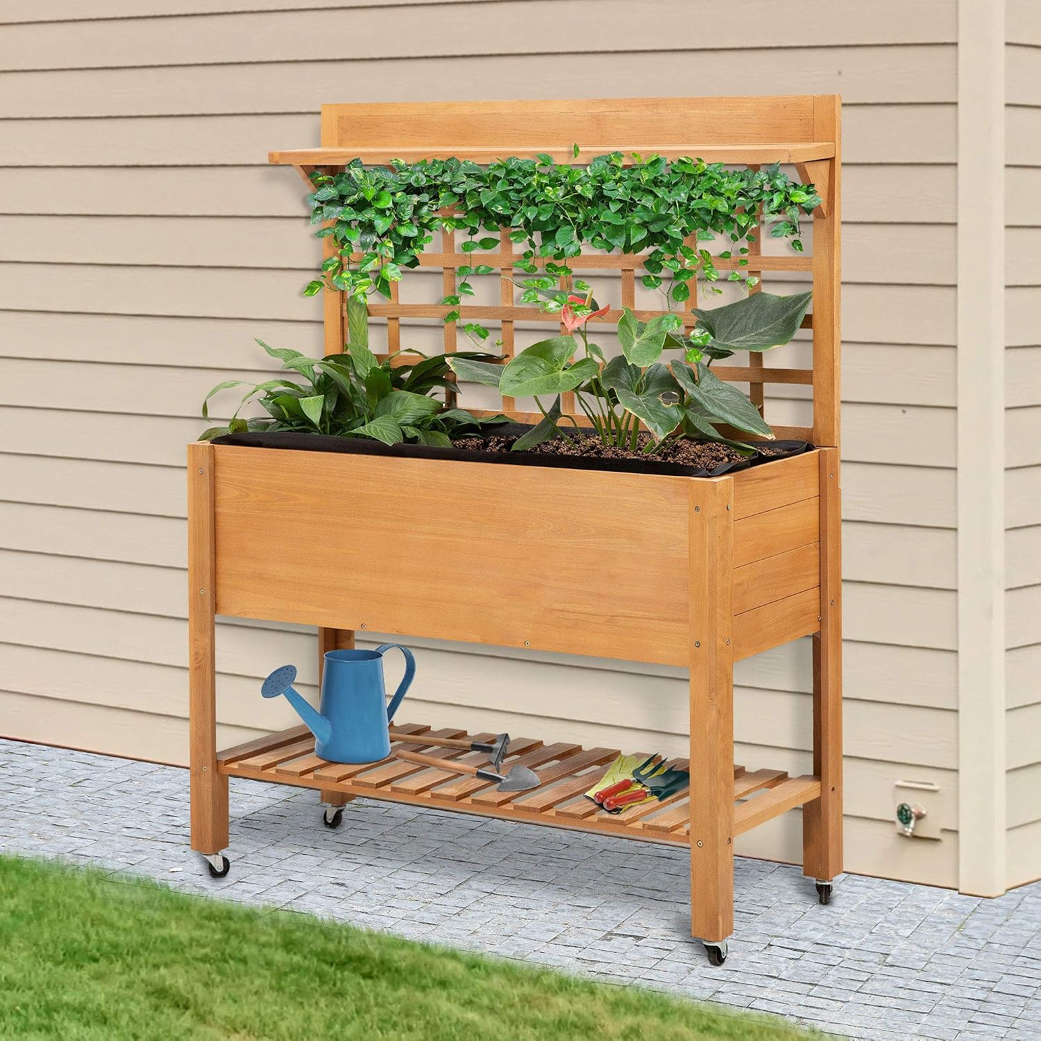 Brown Rolling Wood Planter Bed With Trellis